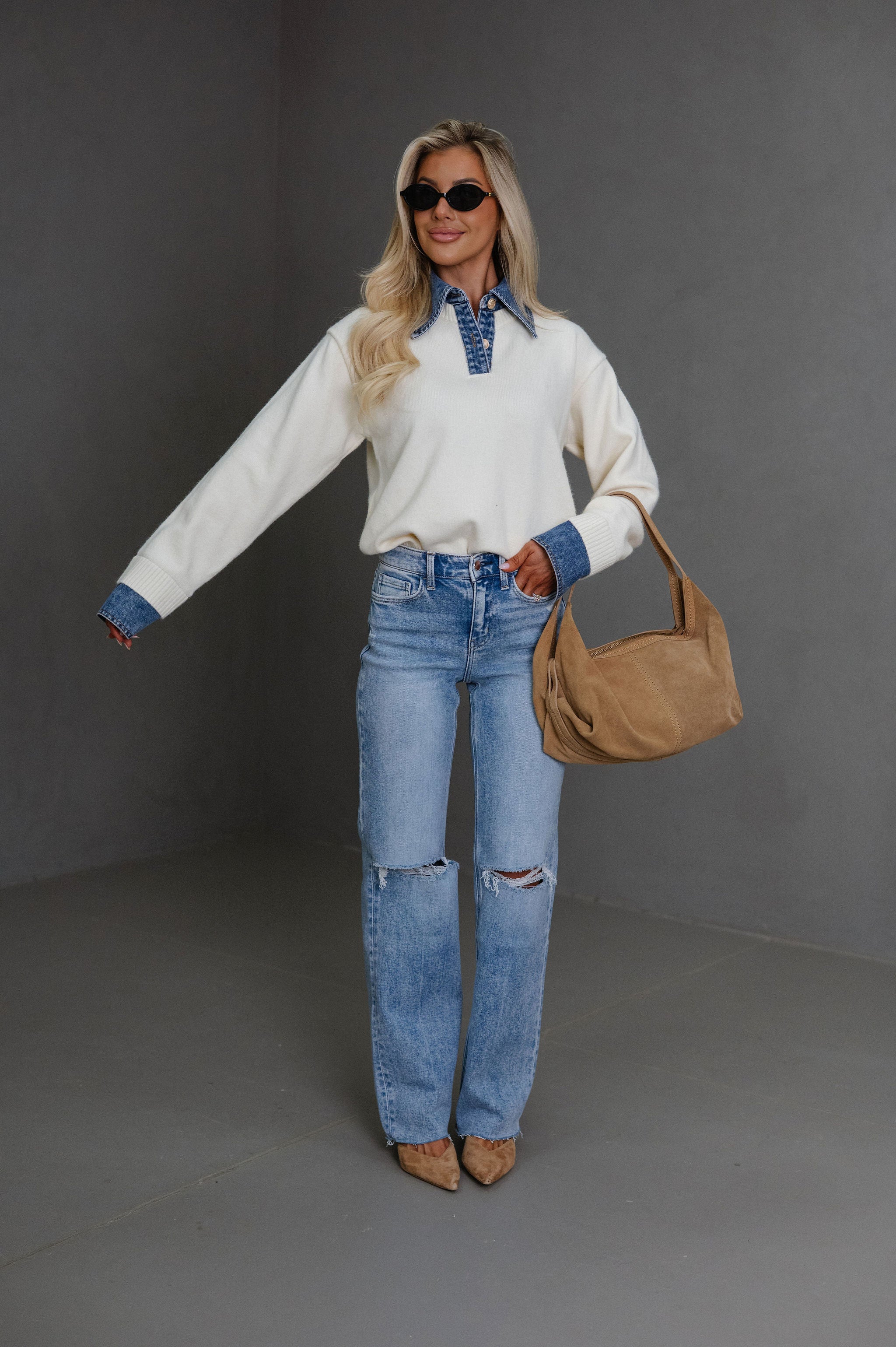 Lacie Denim Contrast Sweater-Ivory
