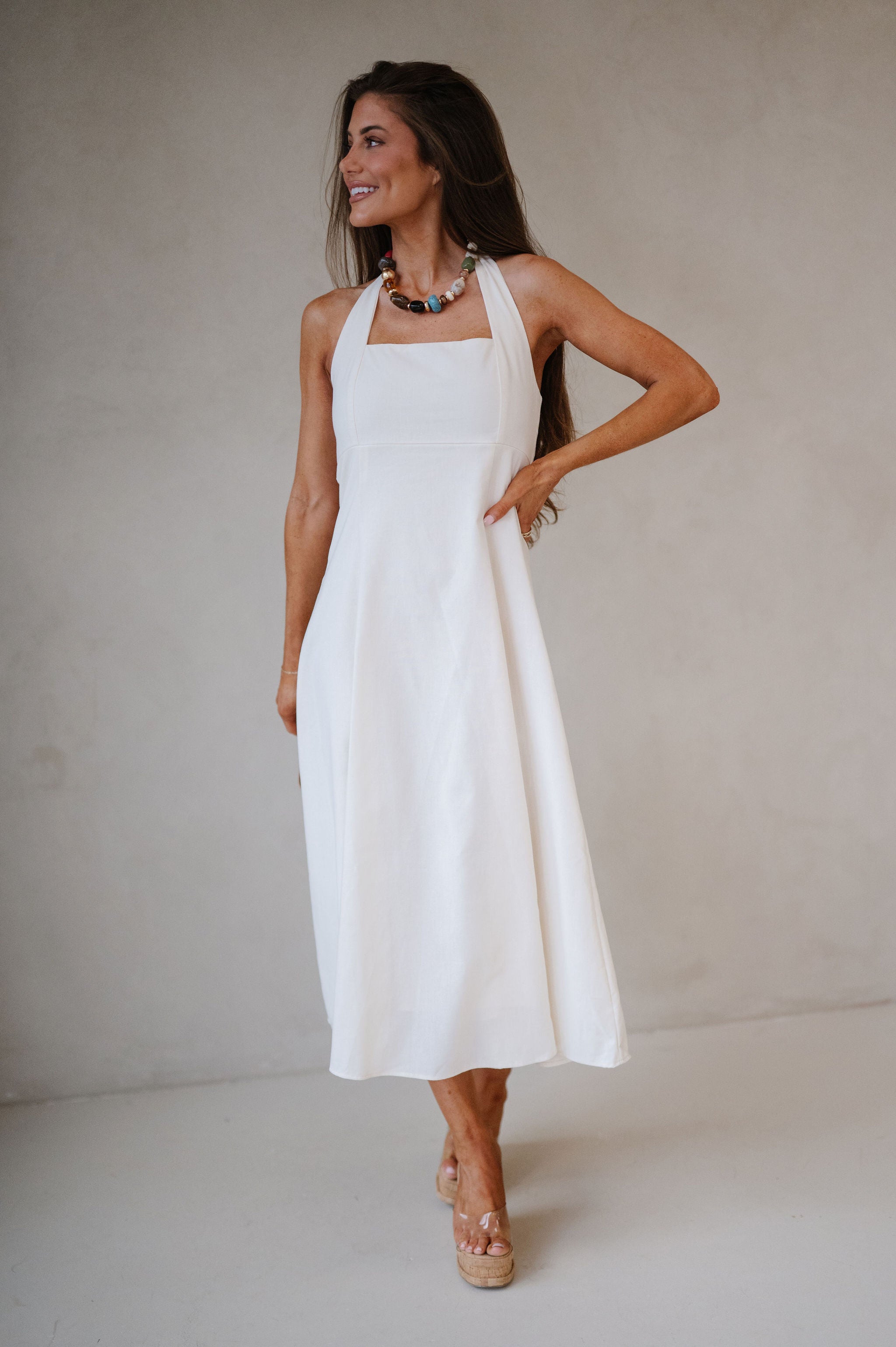 Jane Halter Midi Dress-Cream