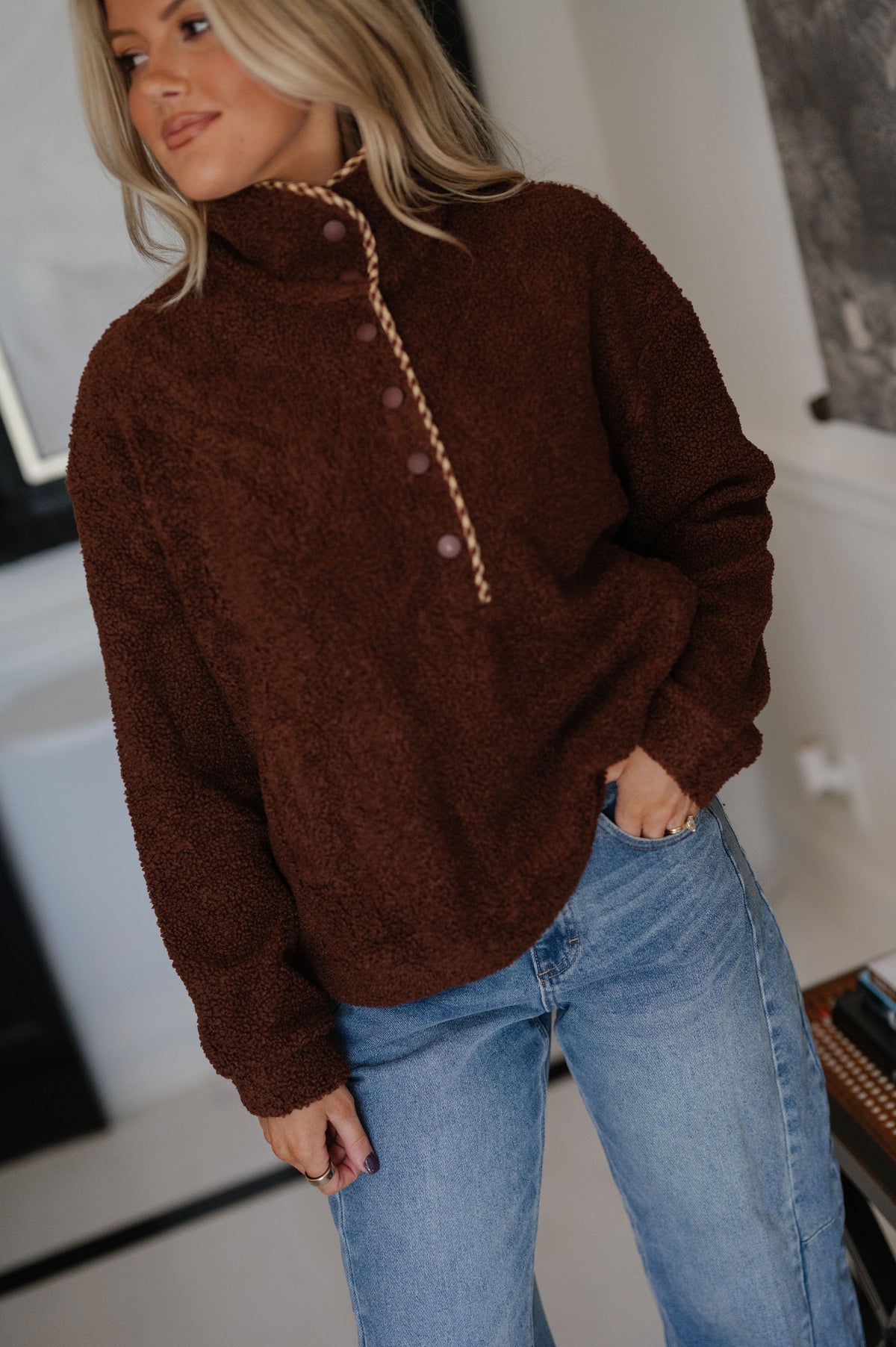 Madison Sherpa Pullover-Dark Brown