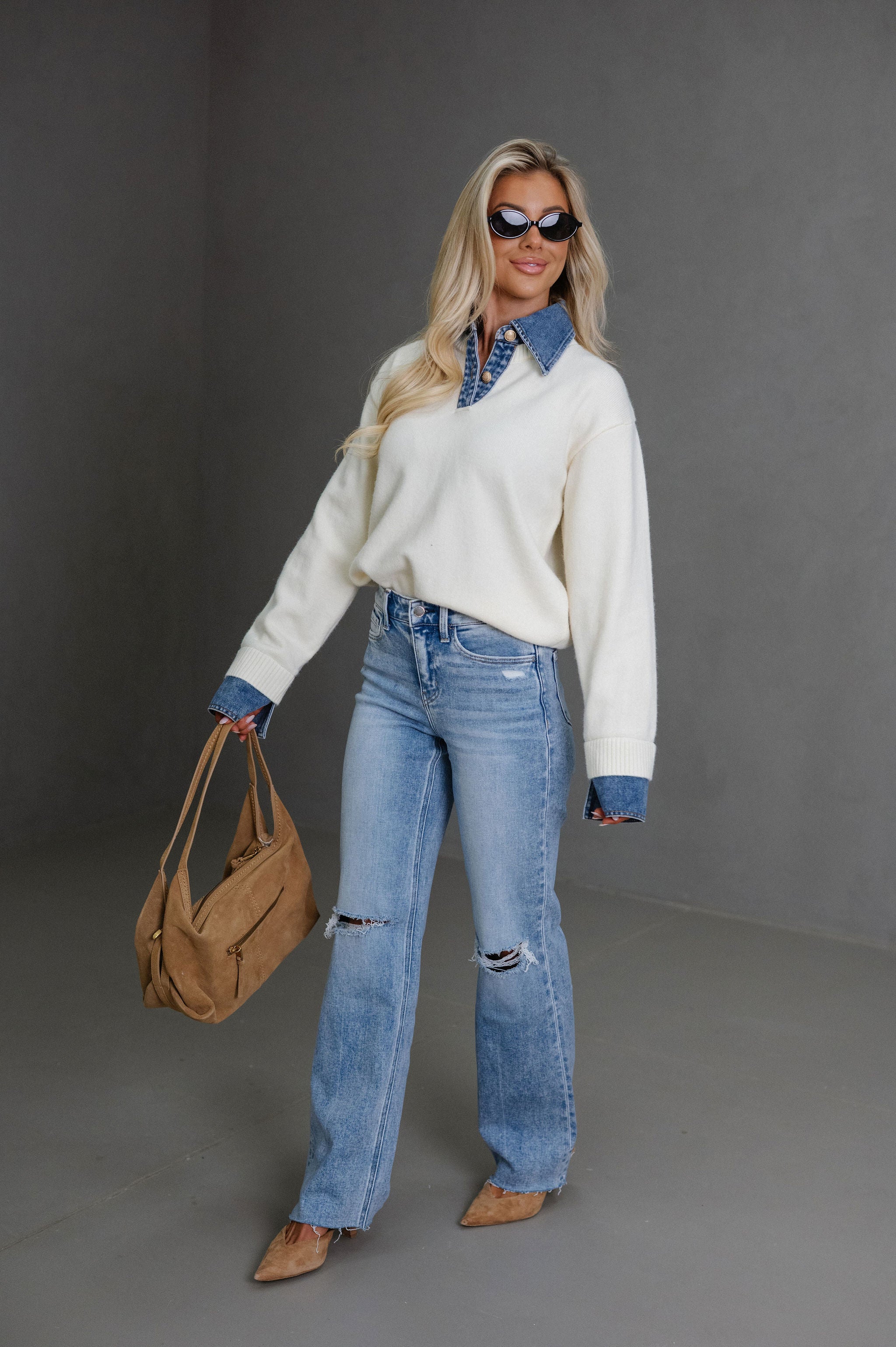 Lacie Denim Contrast Sweater-Ivory
