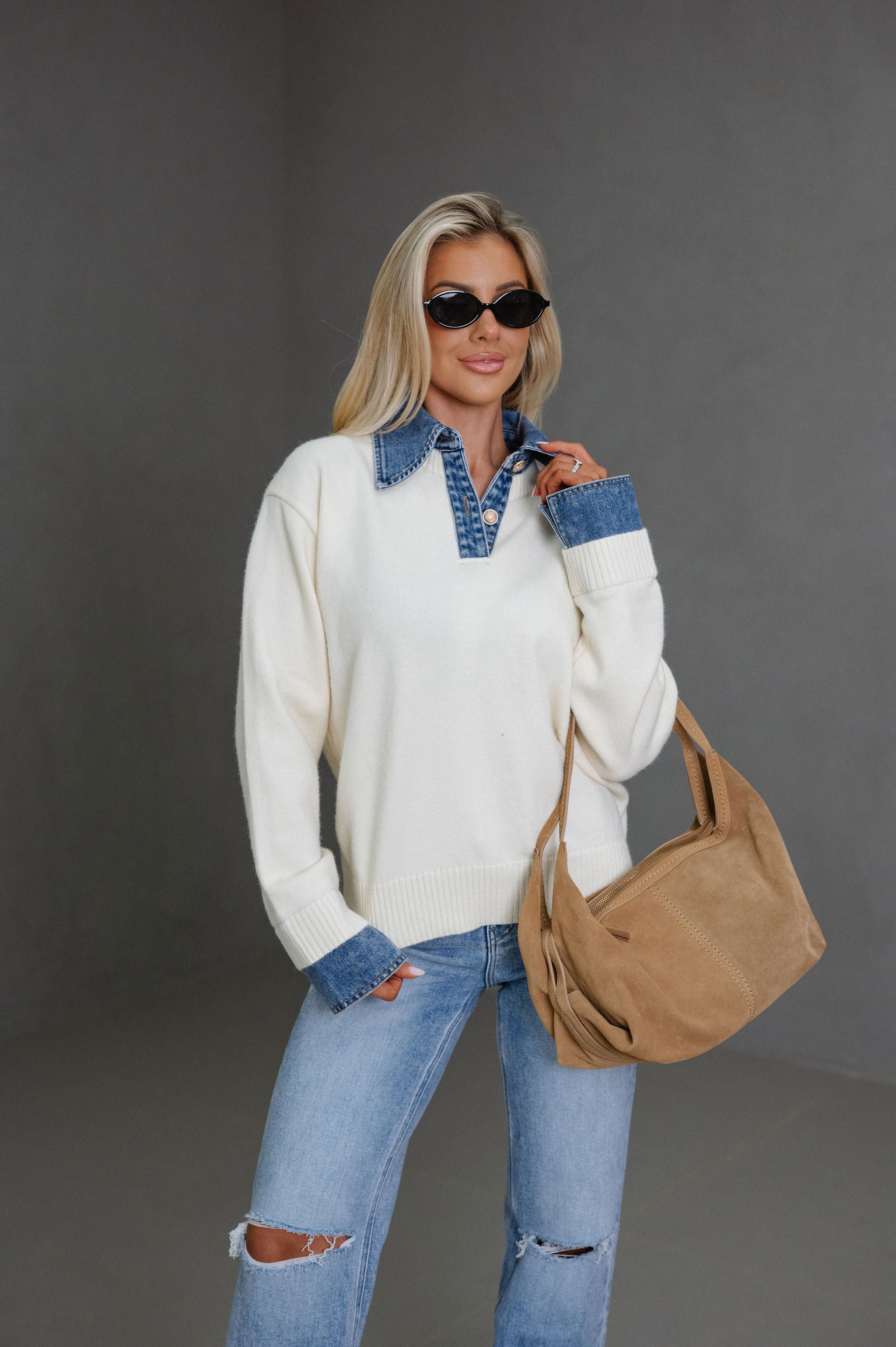 Lacie Denim Contrast Sweater-Ivory