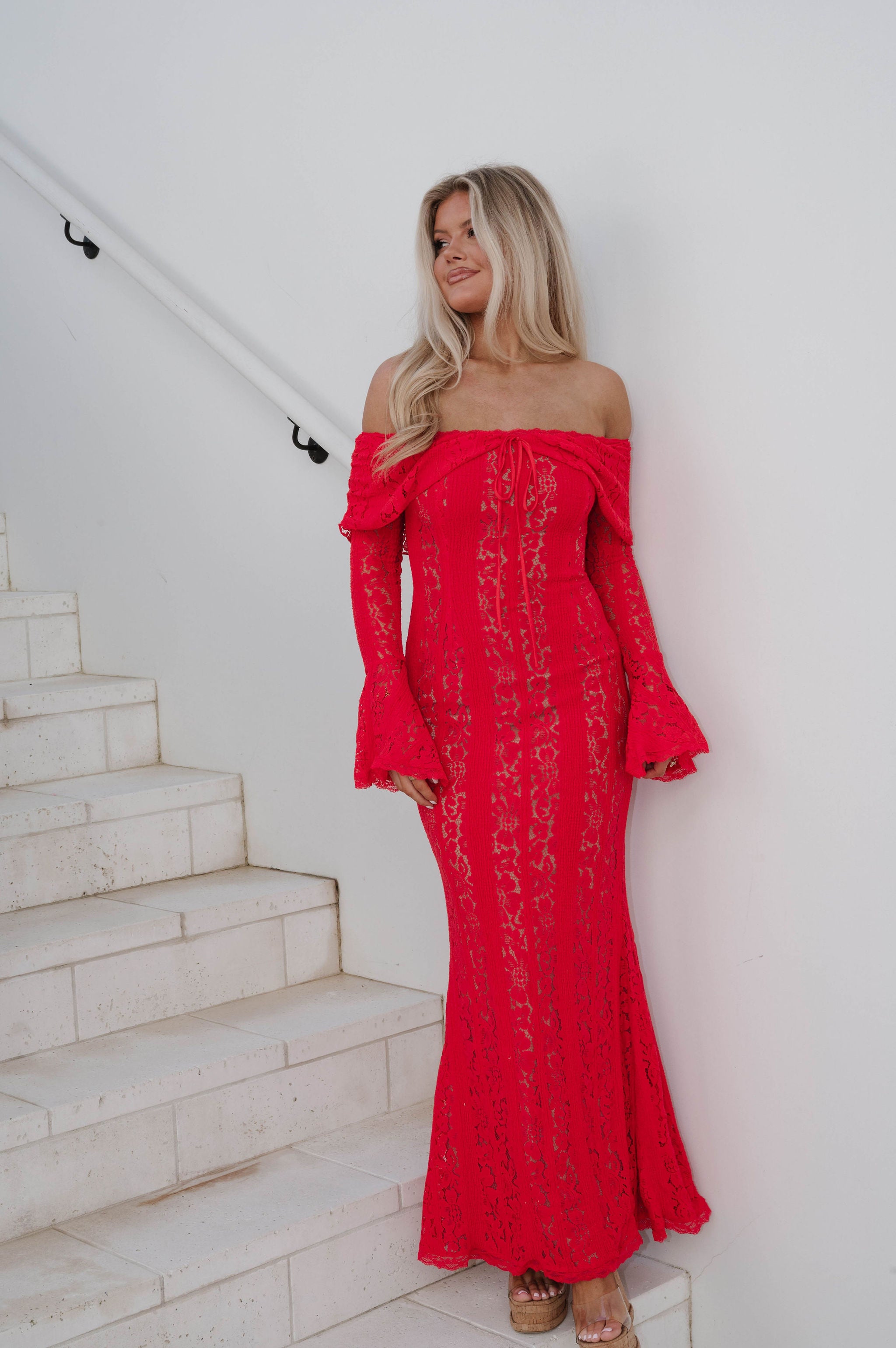 Della Lace Maxi Dress-Red/Nude