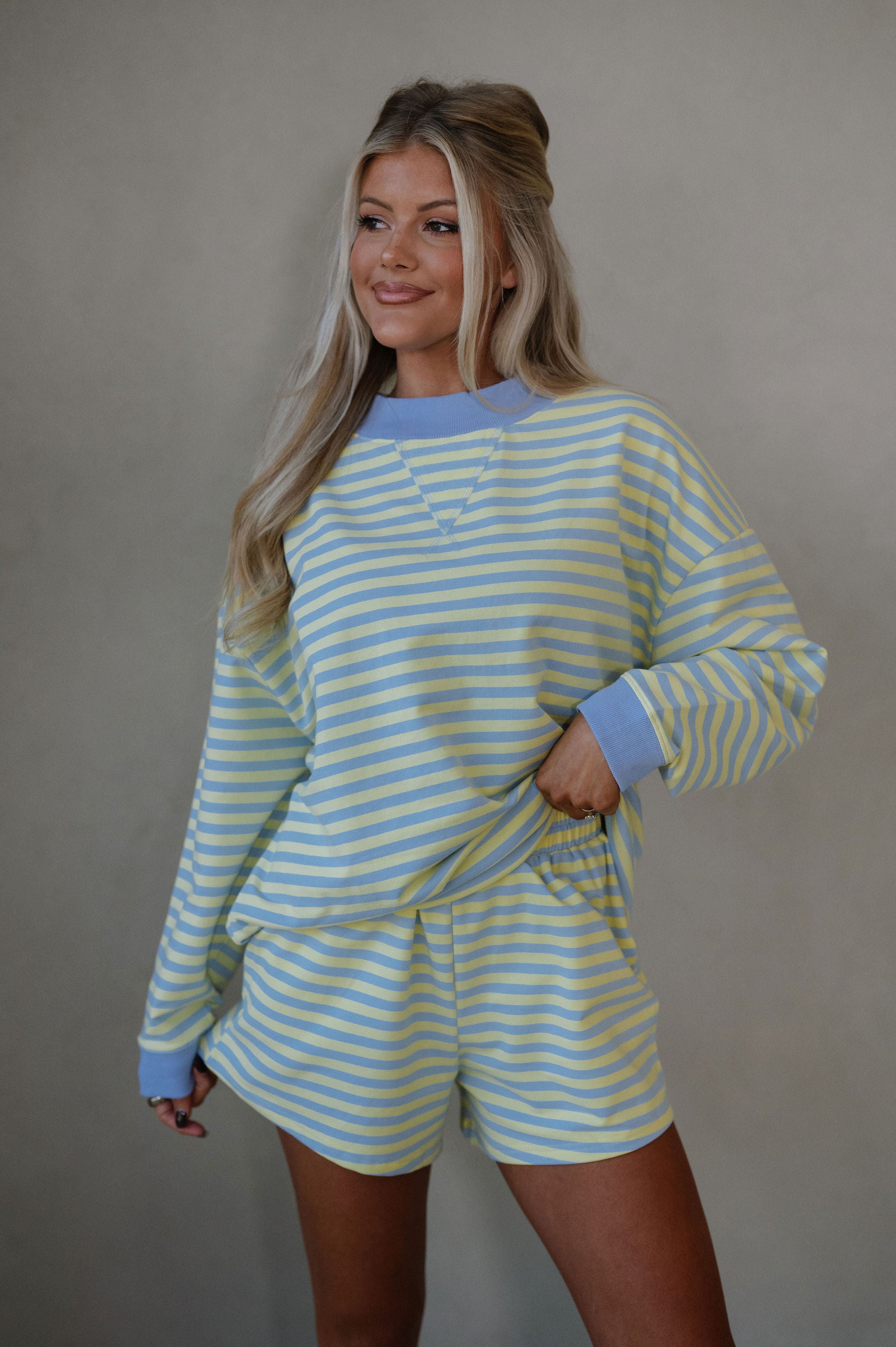 Raylee Striped Short Set-Blue/Lemon