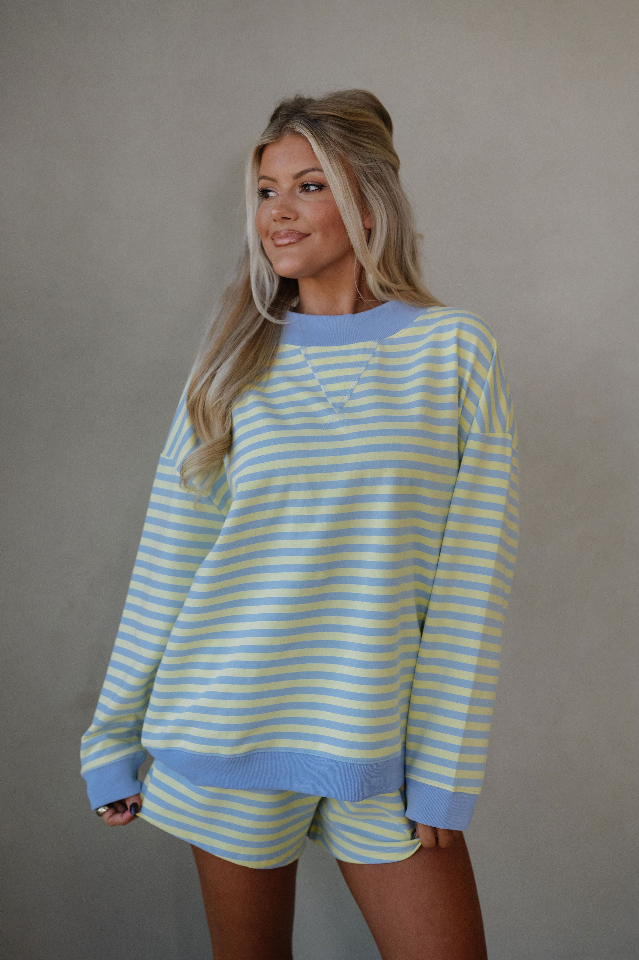 Raylee Striped Short Set-Blue/Lemon