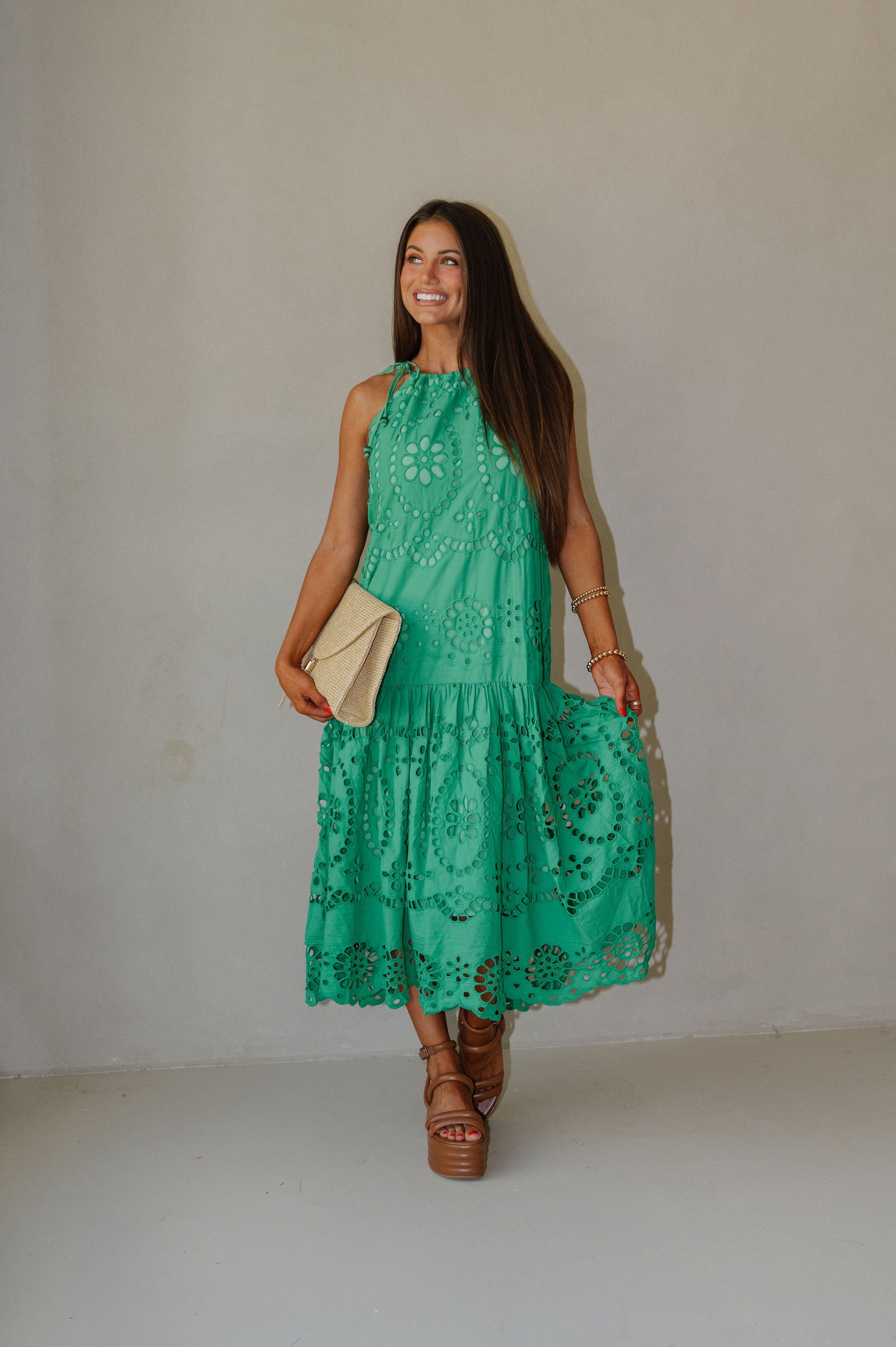 Elegant Eyelet Maxi Dress-Kelly Green