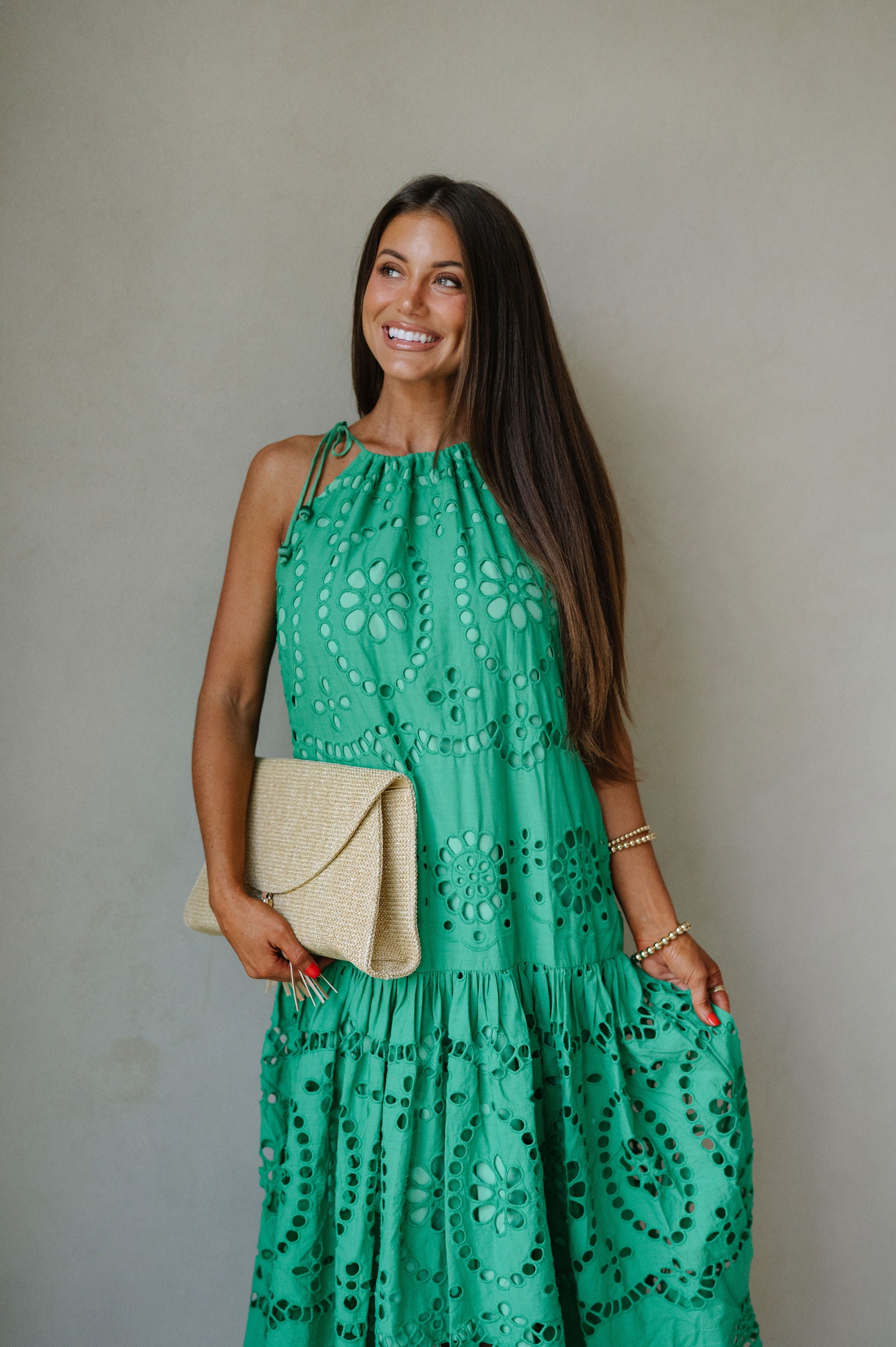 Elegant Eyelet Maxi Dress-Kelly Green