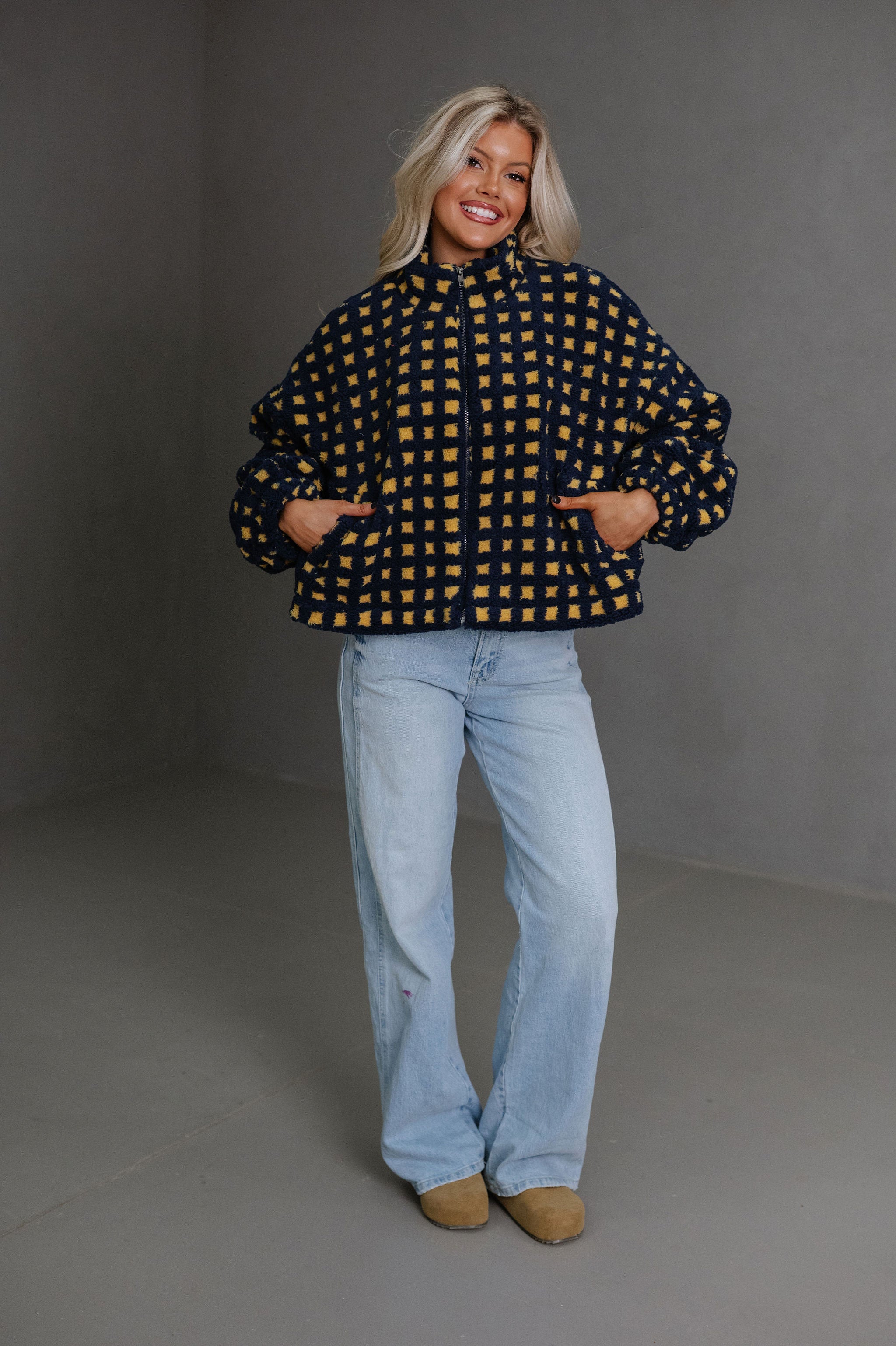 Fuzzy Checkered Sherpa Jacket-Navy Multi