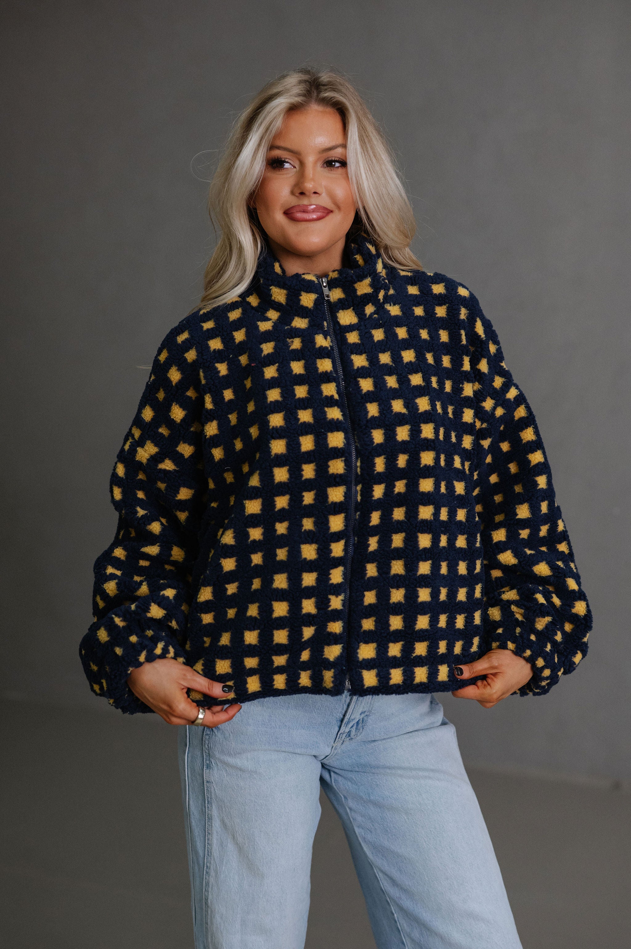 Fuzzy Checkered Sherpa Jacket-Navy Multi