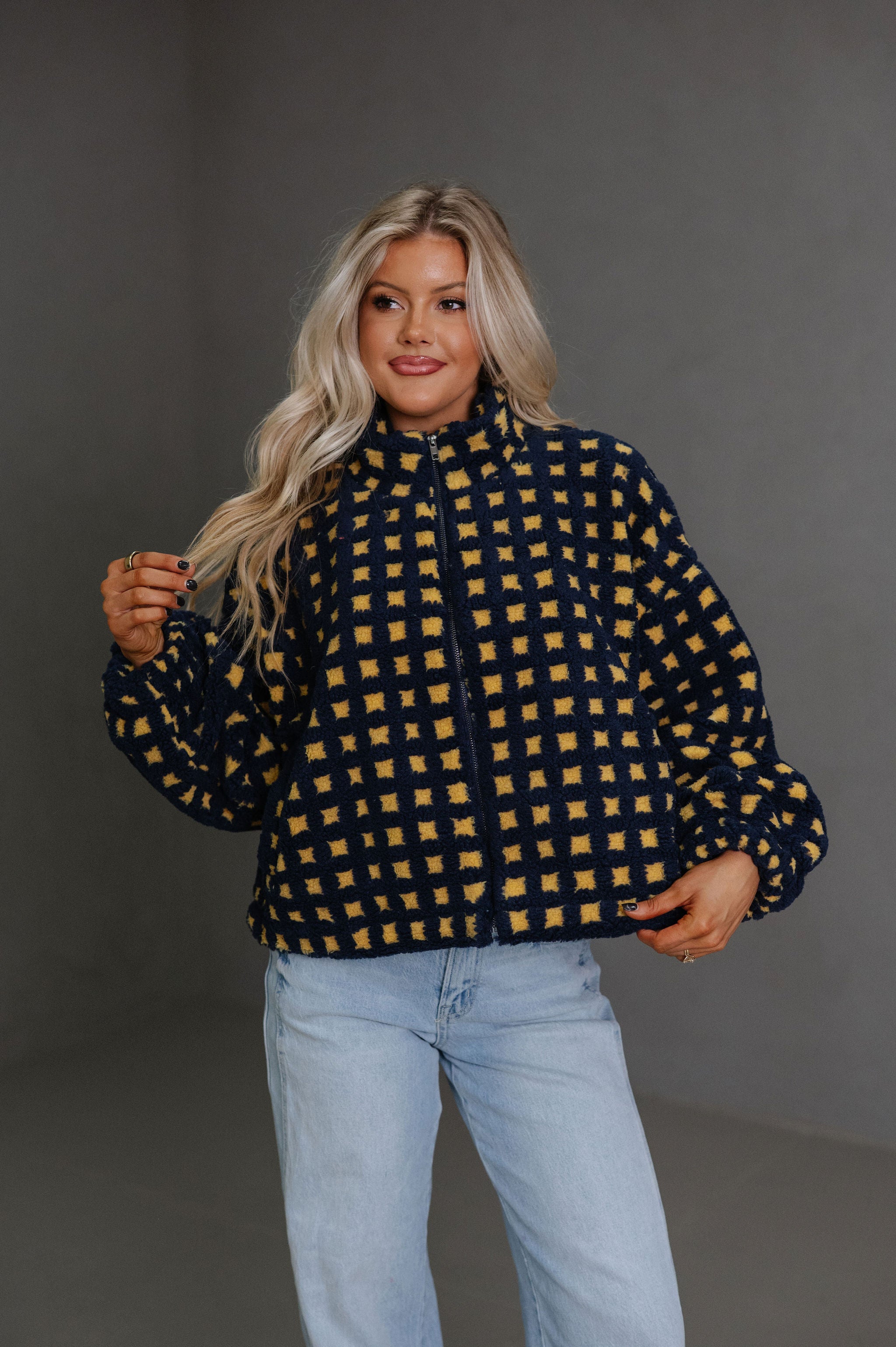 Fuzzy Checkered Sherpa Jacket-Navy Multi