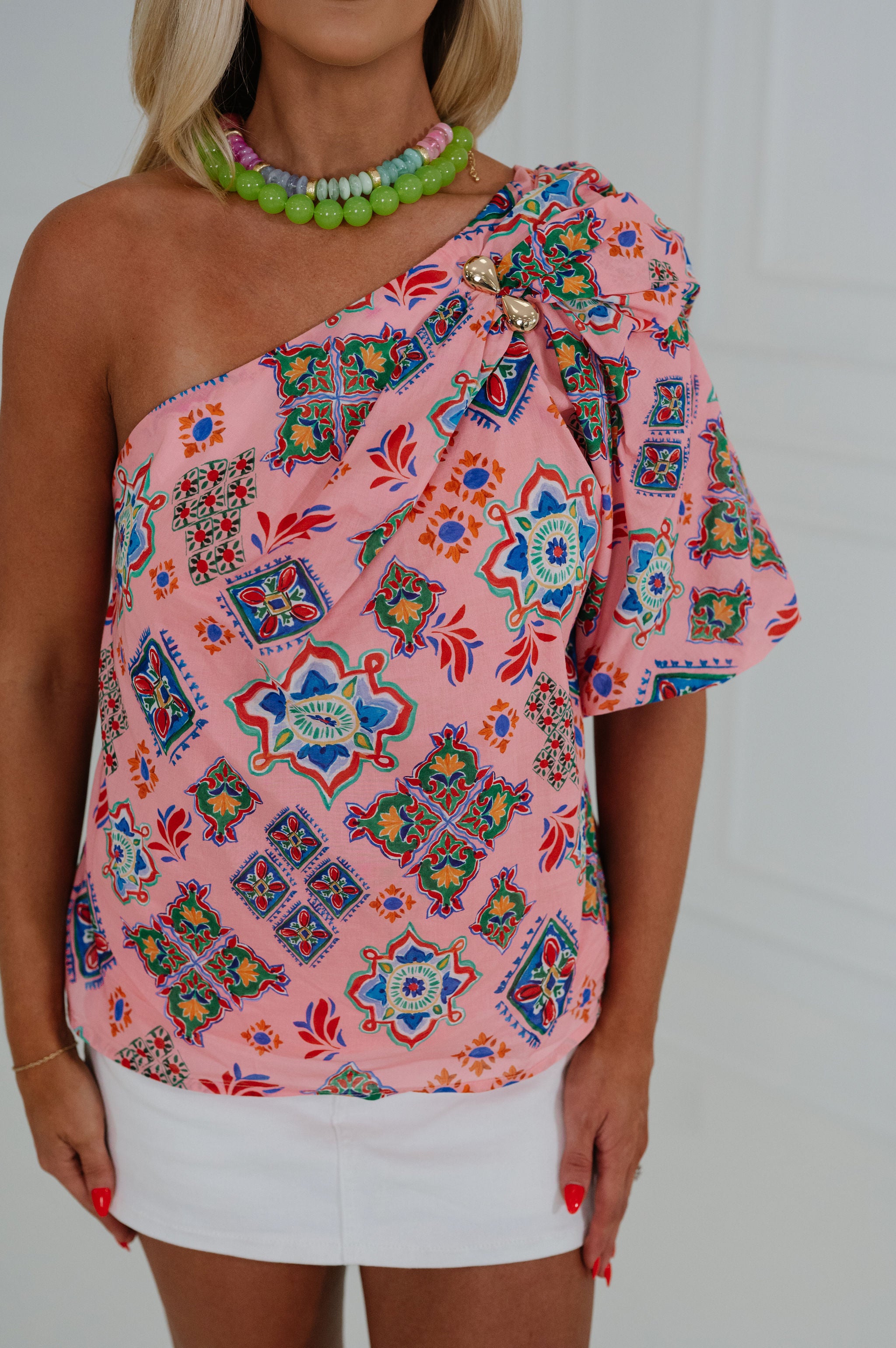 Printed Pleated Top-Pink Multi