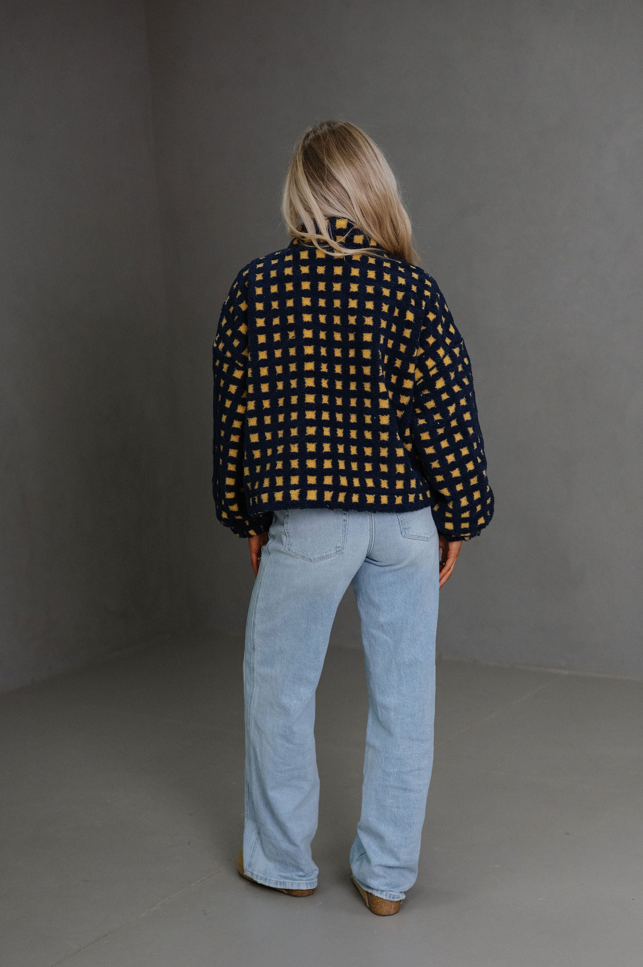 Fuzzy Checkered Sherpa Jacket-Navy Multi
