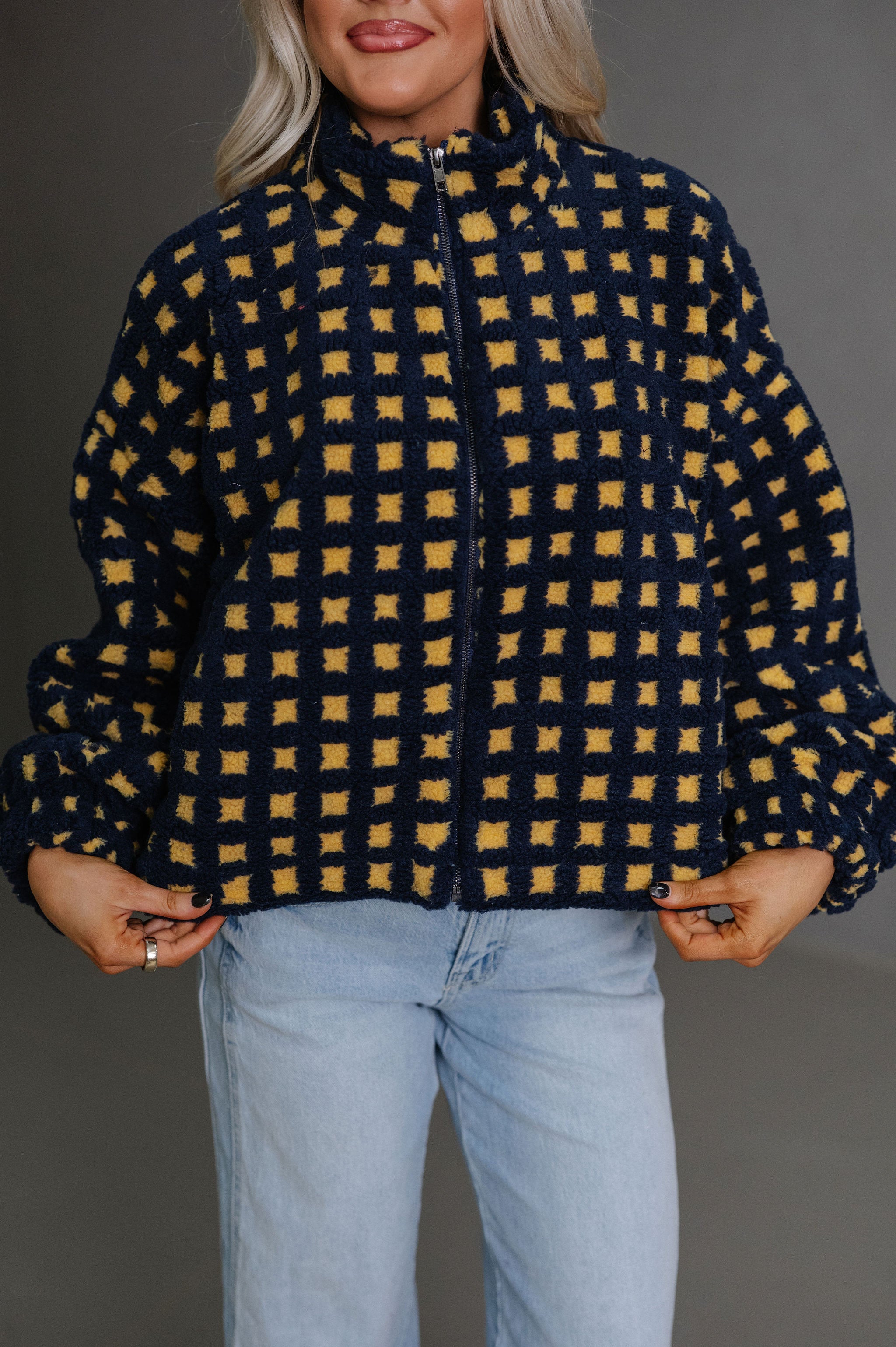 Fuzzy Checkered Sherpa Jacket-Navy Multi