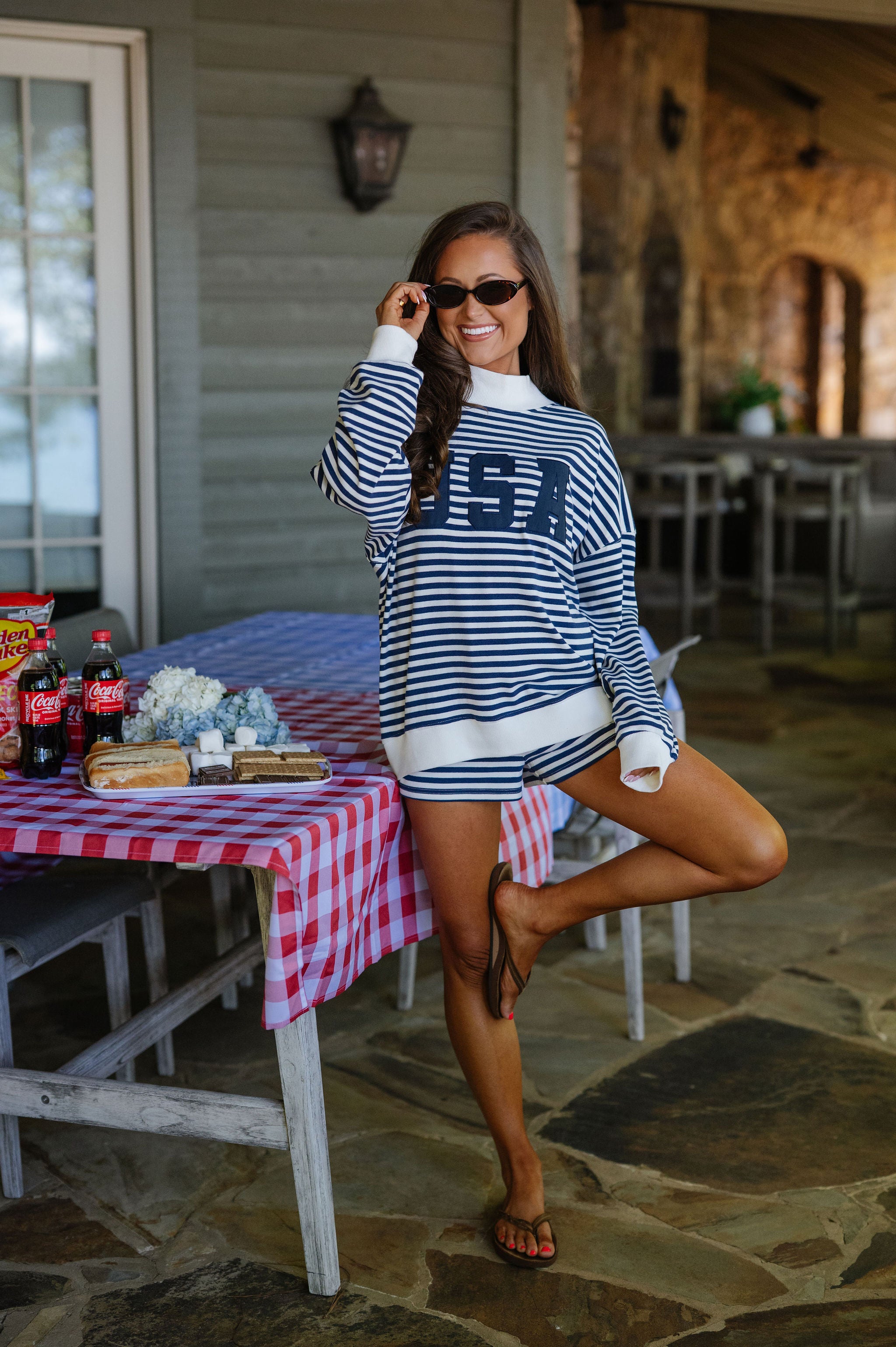 USA Stripe Mock Neck Set-Navy/White