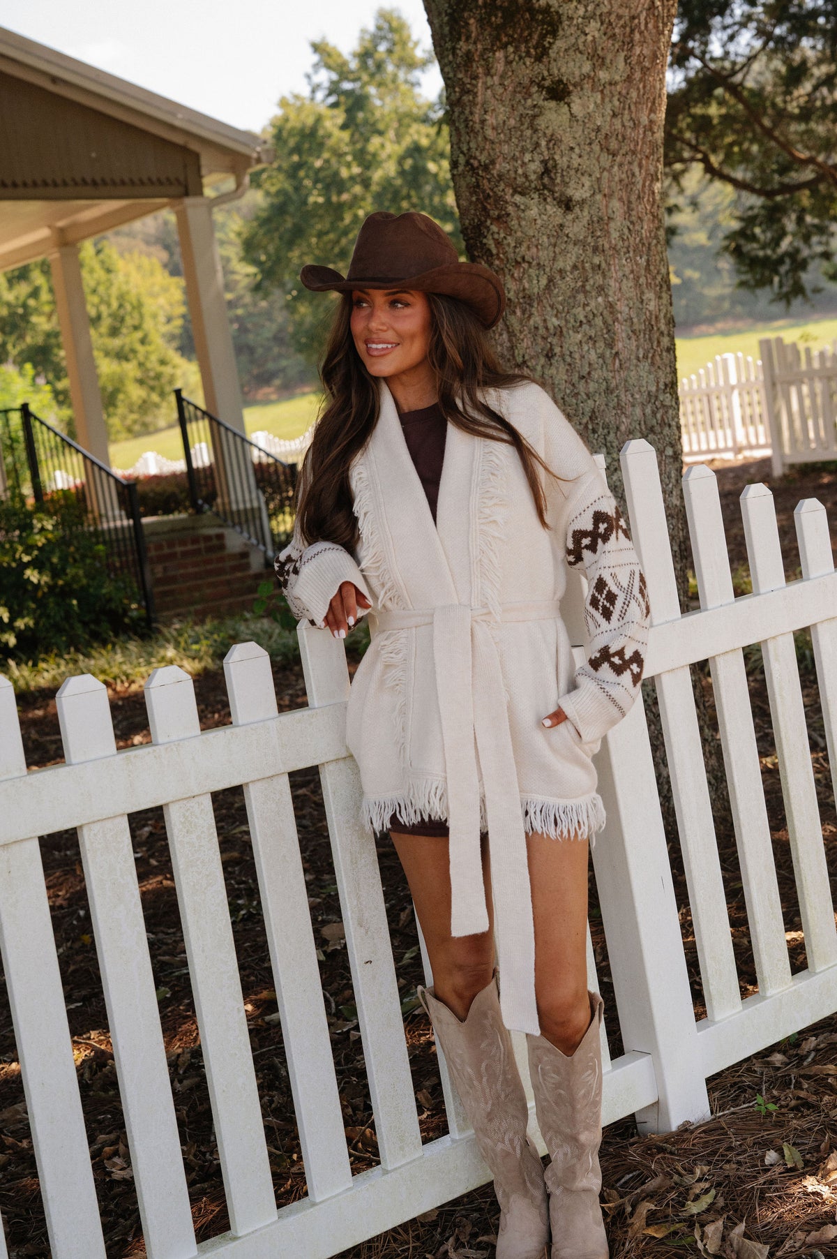 Aztec Sleeve Fringe Cardigan-Cream/Brown