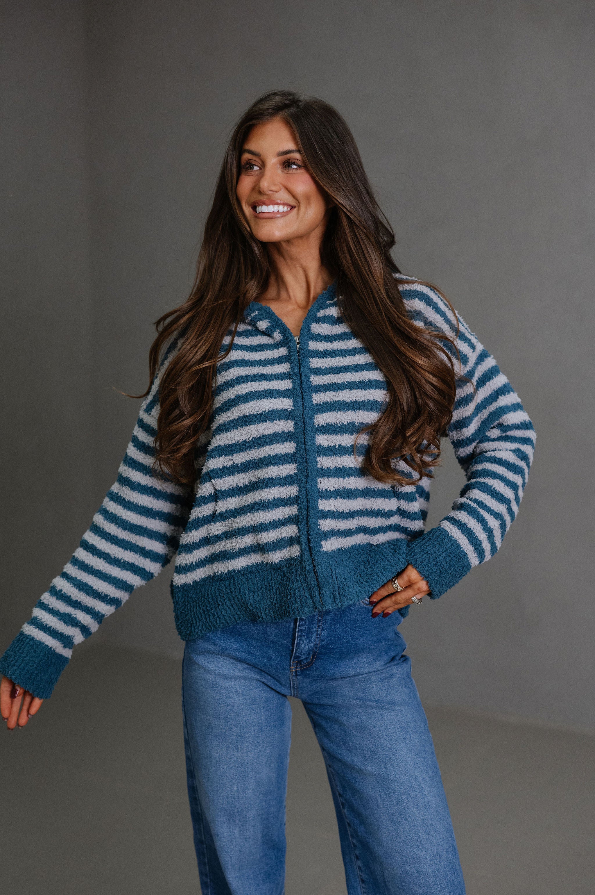 Missy Striped Hooded Cardigan-Teal/Grey