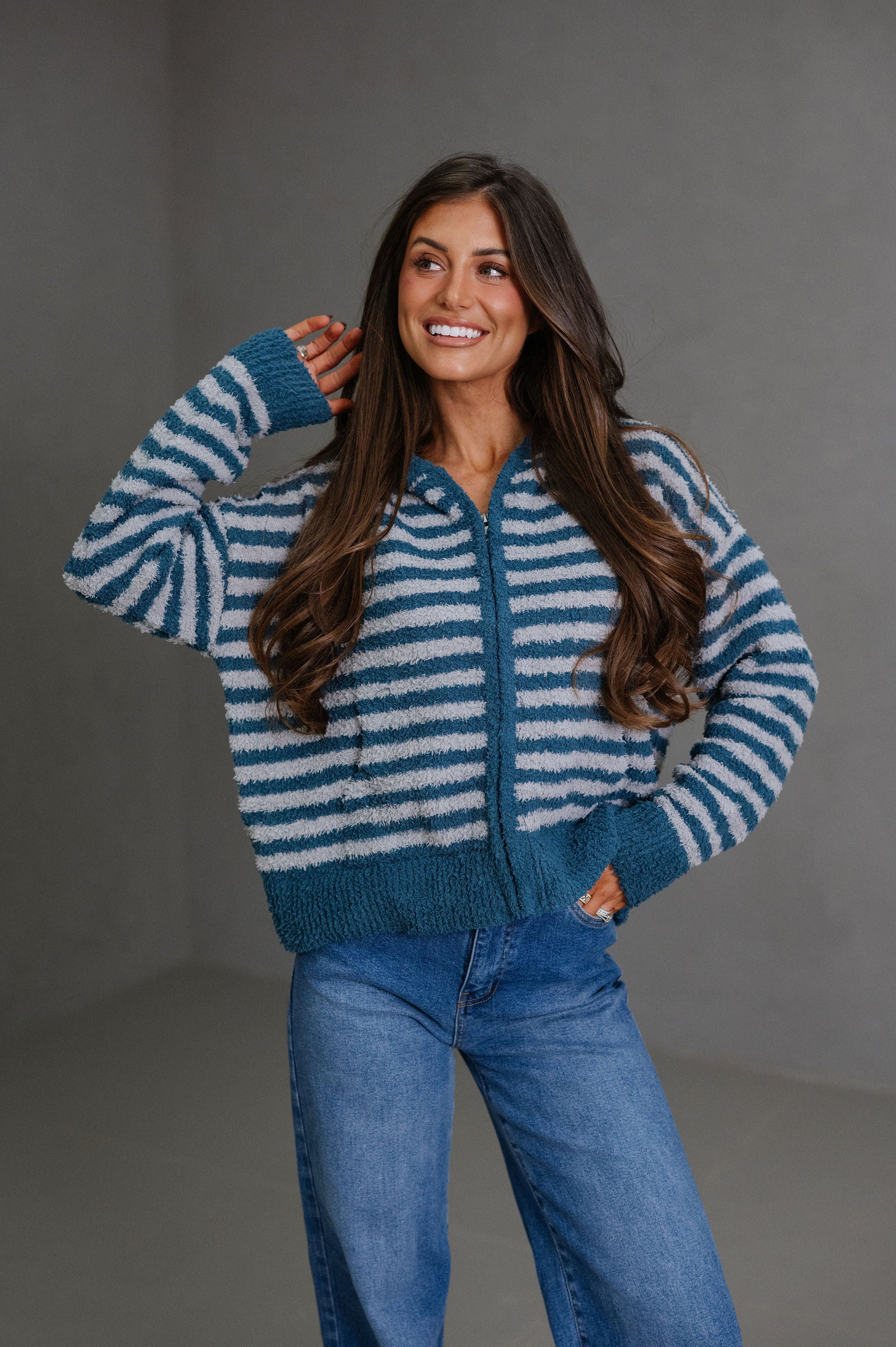 Missy Striped Hooded Cardigan-Teal/Grey