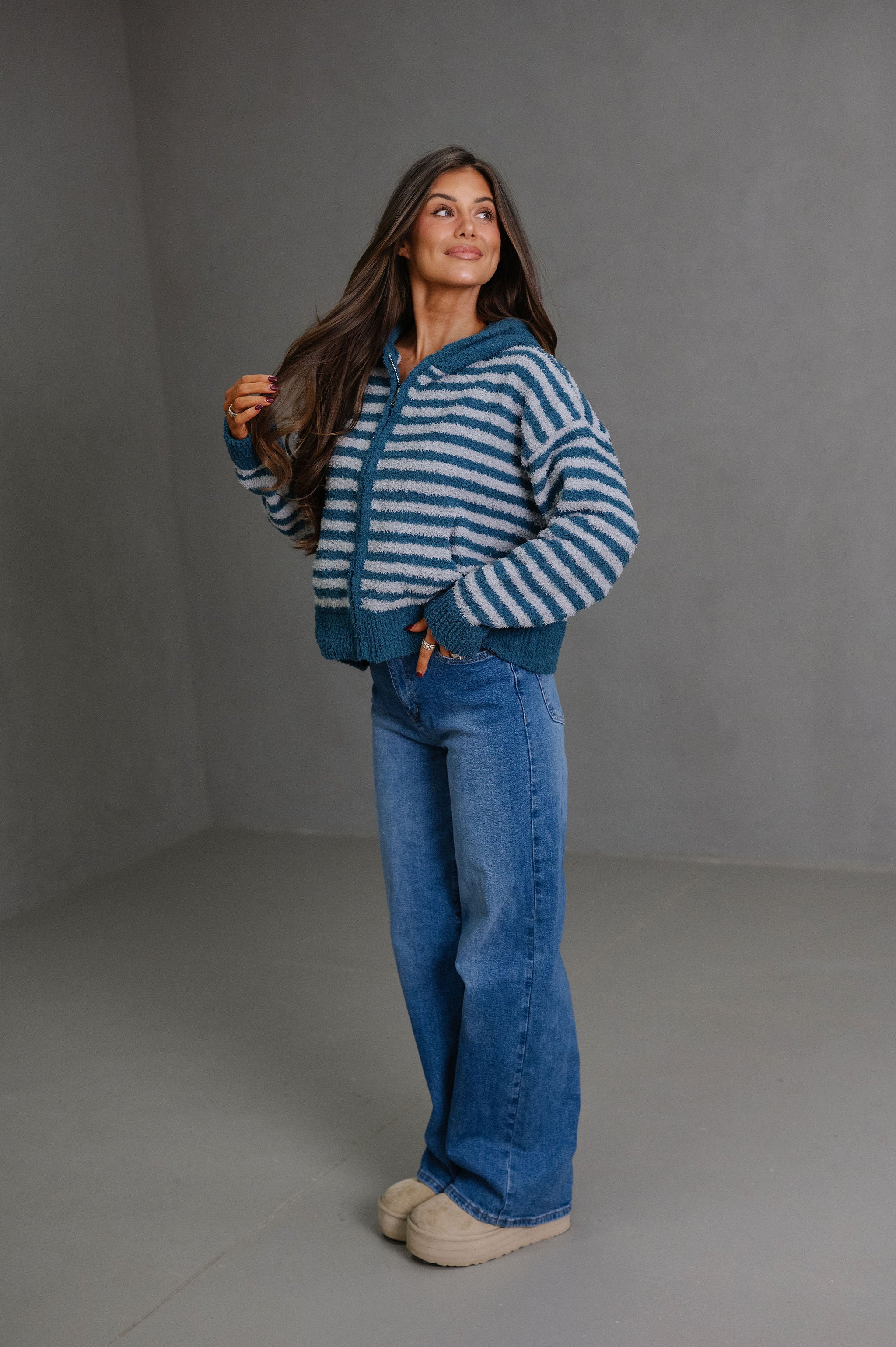 Missy Striped Hooded Cardigan-Teal/Grey