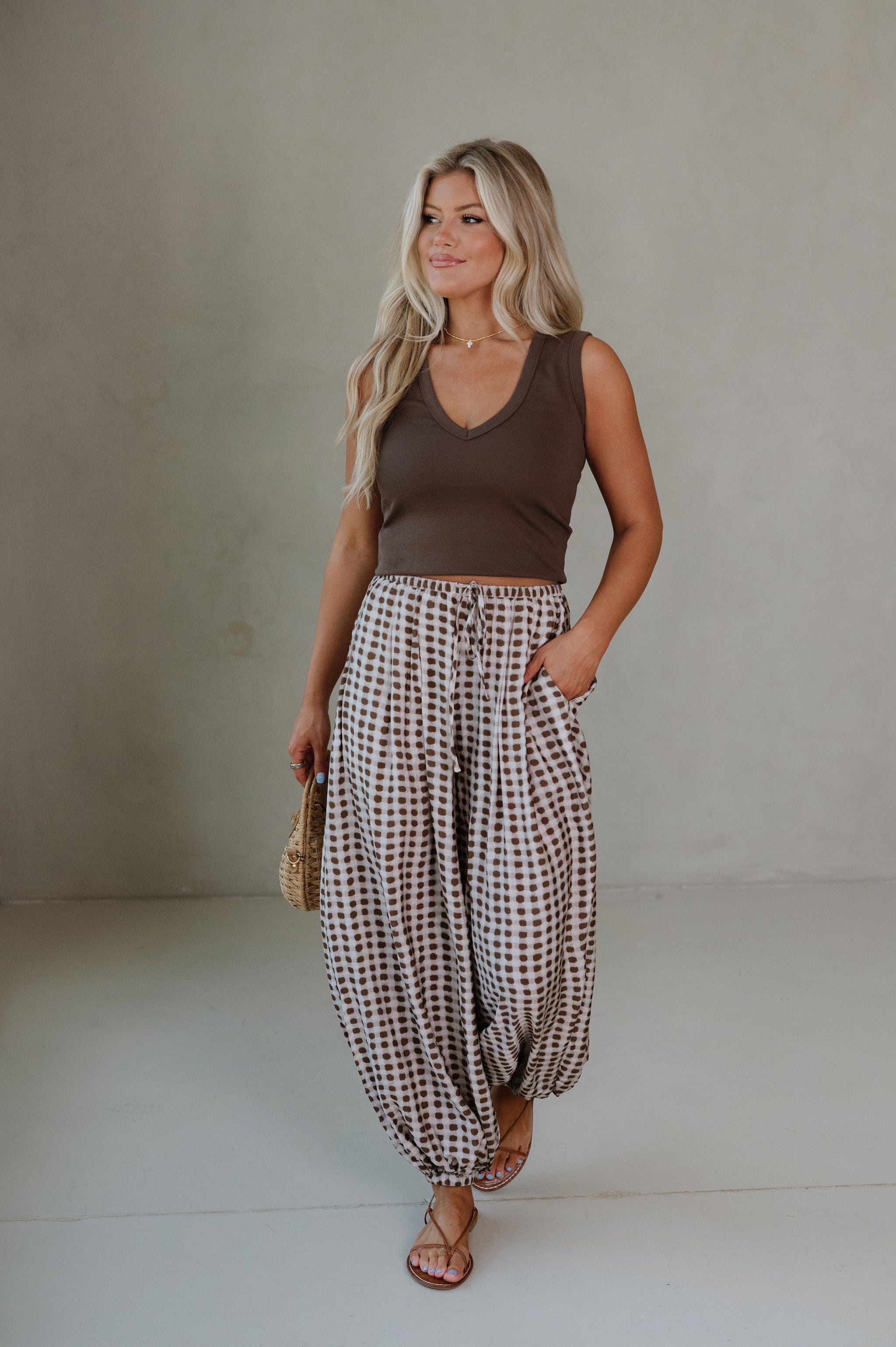 Geo Dot Print Pants-Mocha