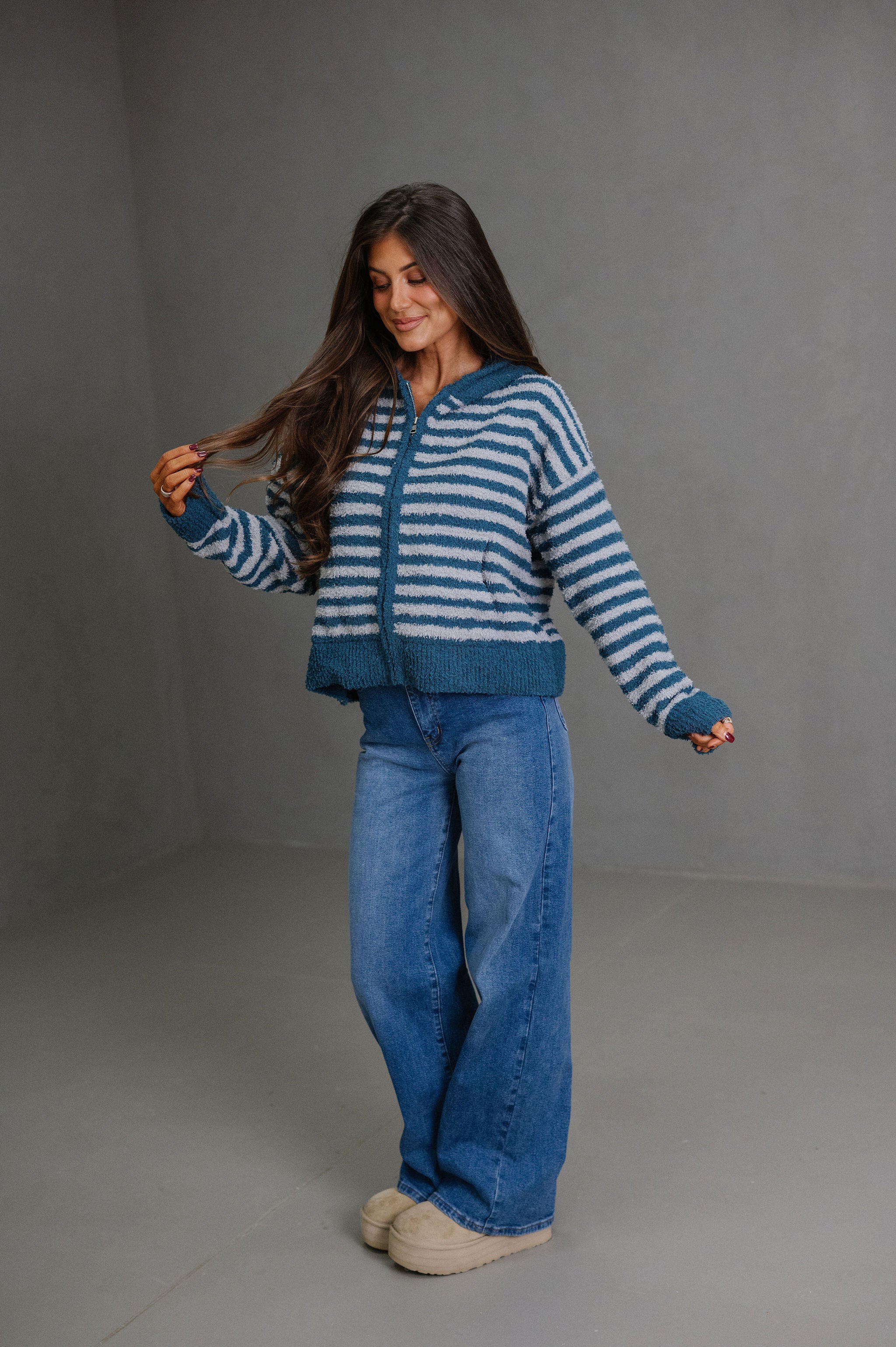 Missy Striped Hooded Cardigan-Teal/Grey