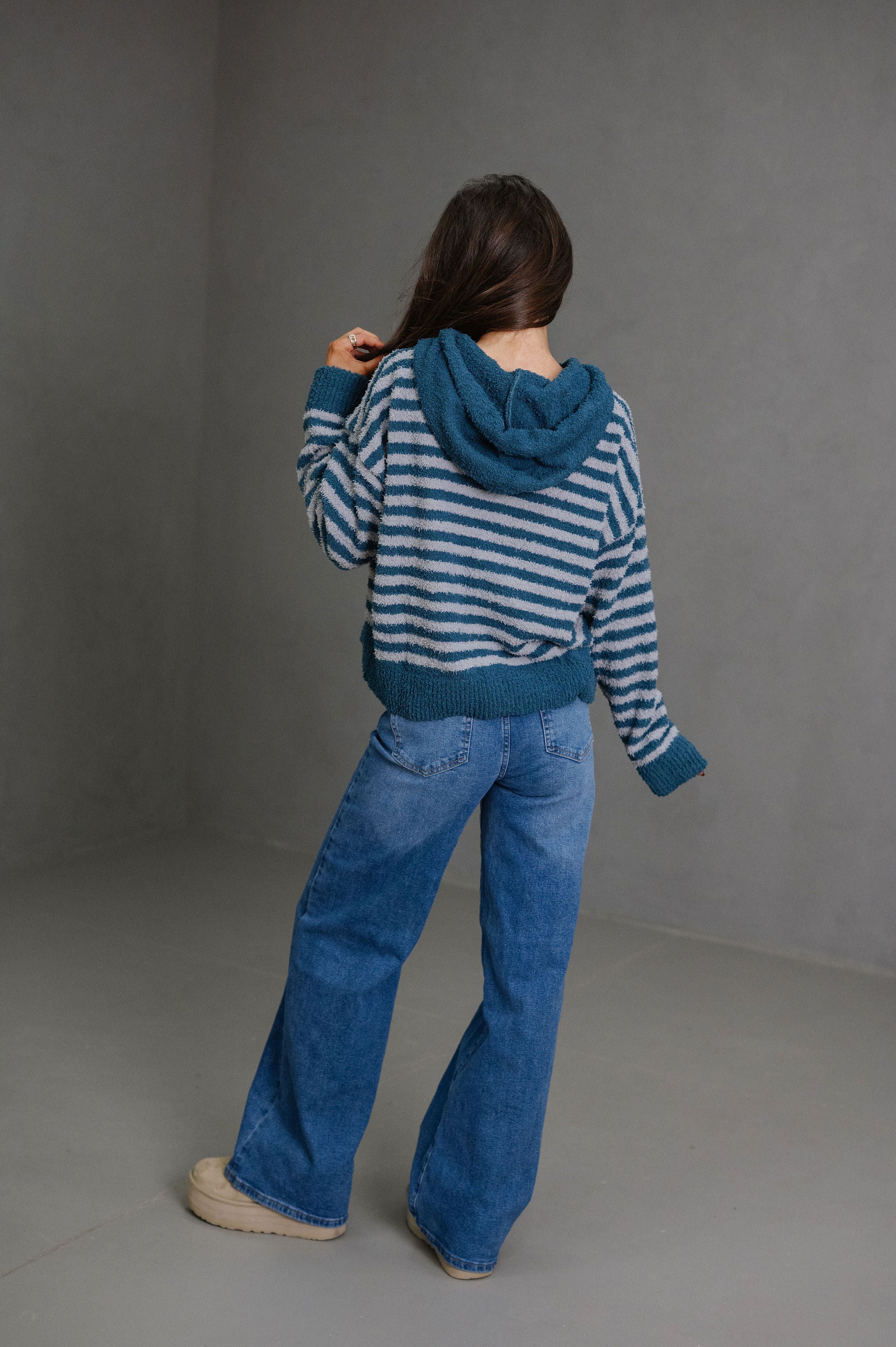 Missy Striped Hooded Cardigan-Teal/Grey