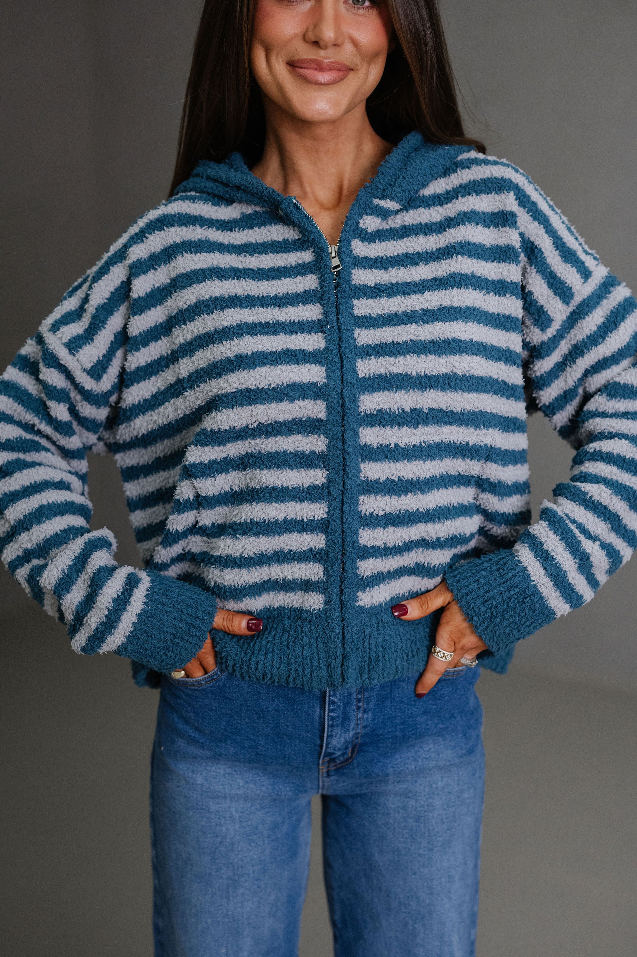 Missy Striped Hooded Cardigan-Teal/Grey