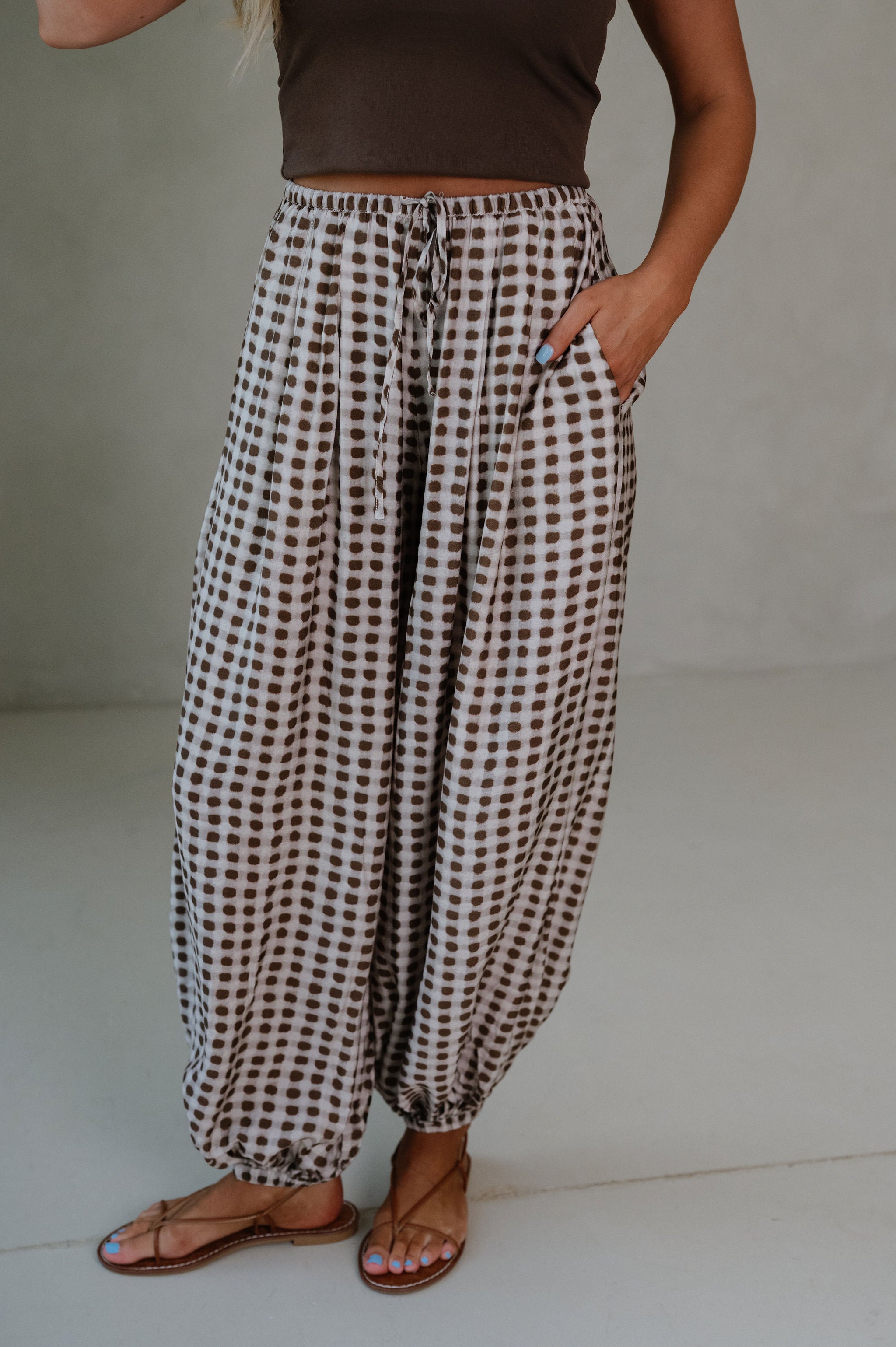 Geo Dot Print Pants-Mocha