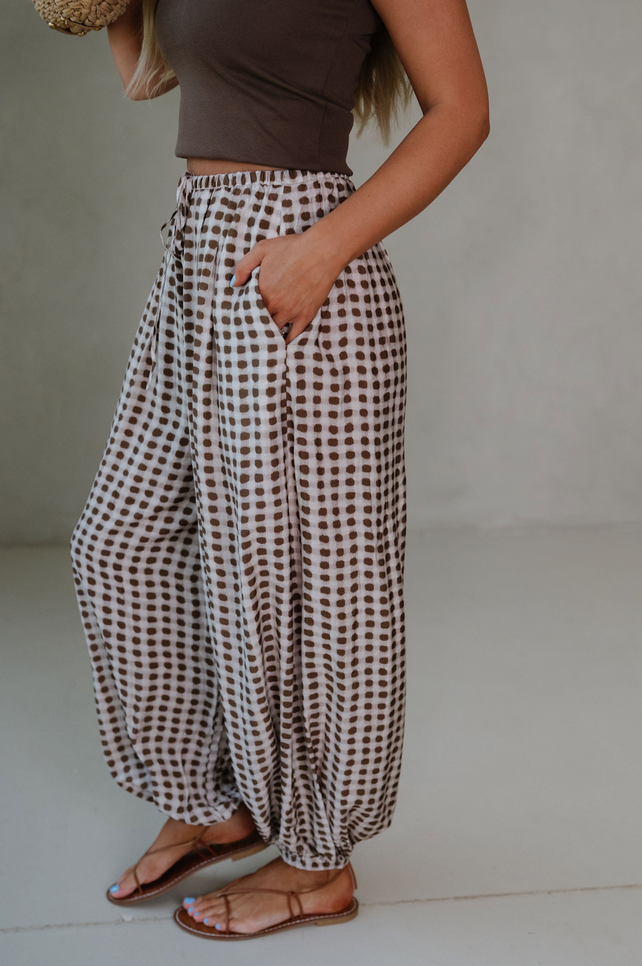 Geo Dot Print Pants-Mocha