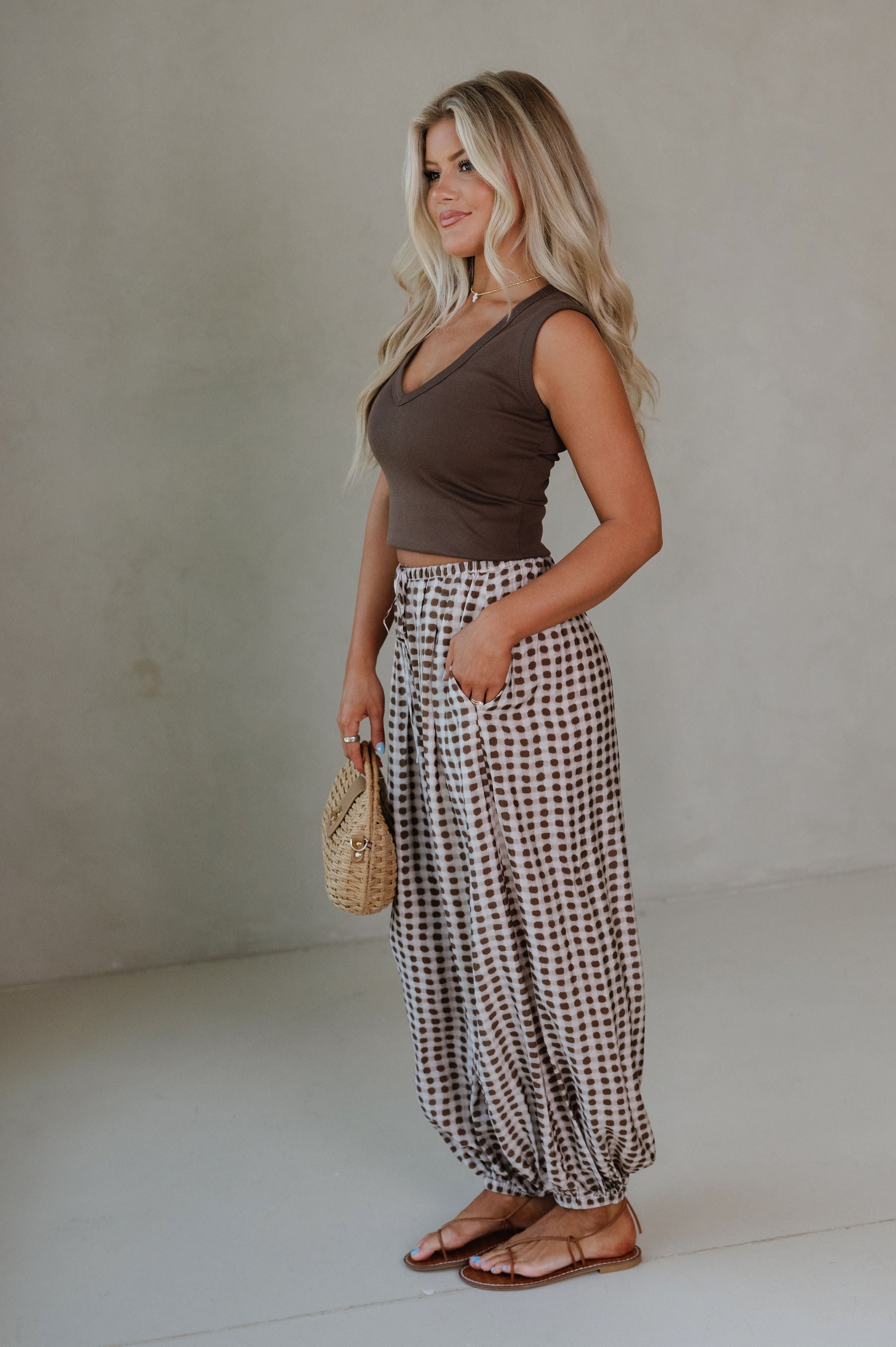 Geo Dot Print Pants-Mocha