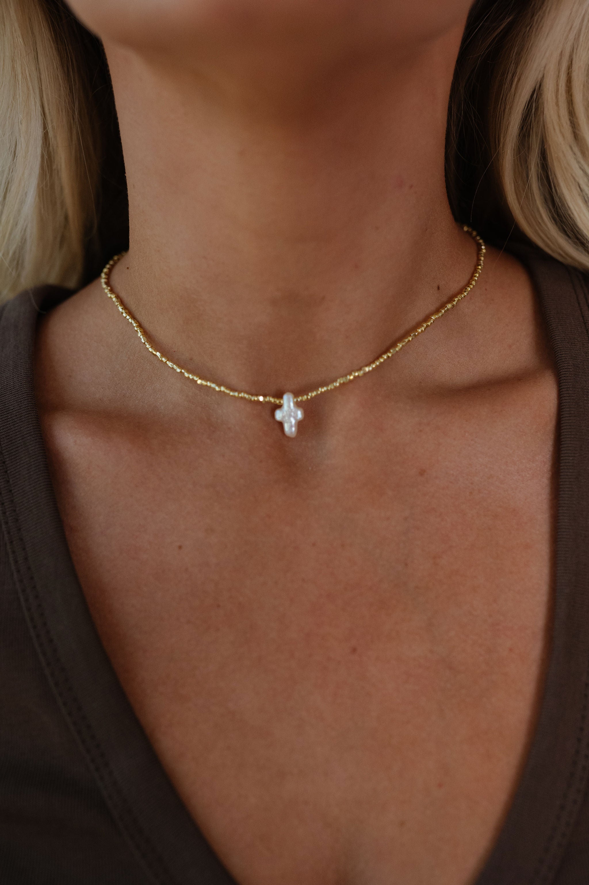 Dainty Beaded Cross Necklace-Gold