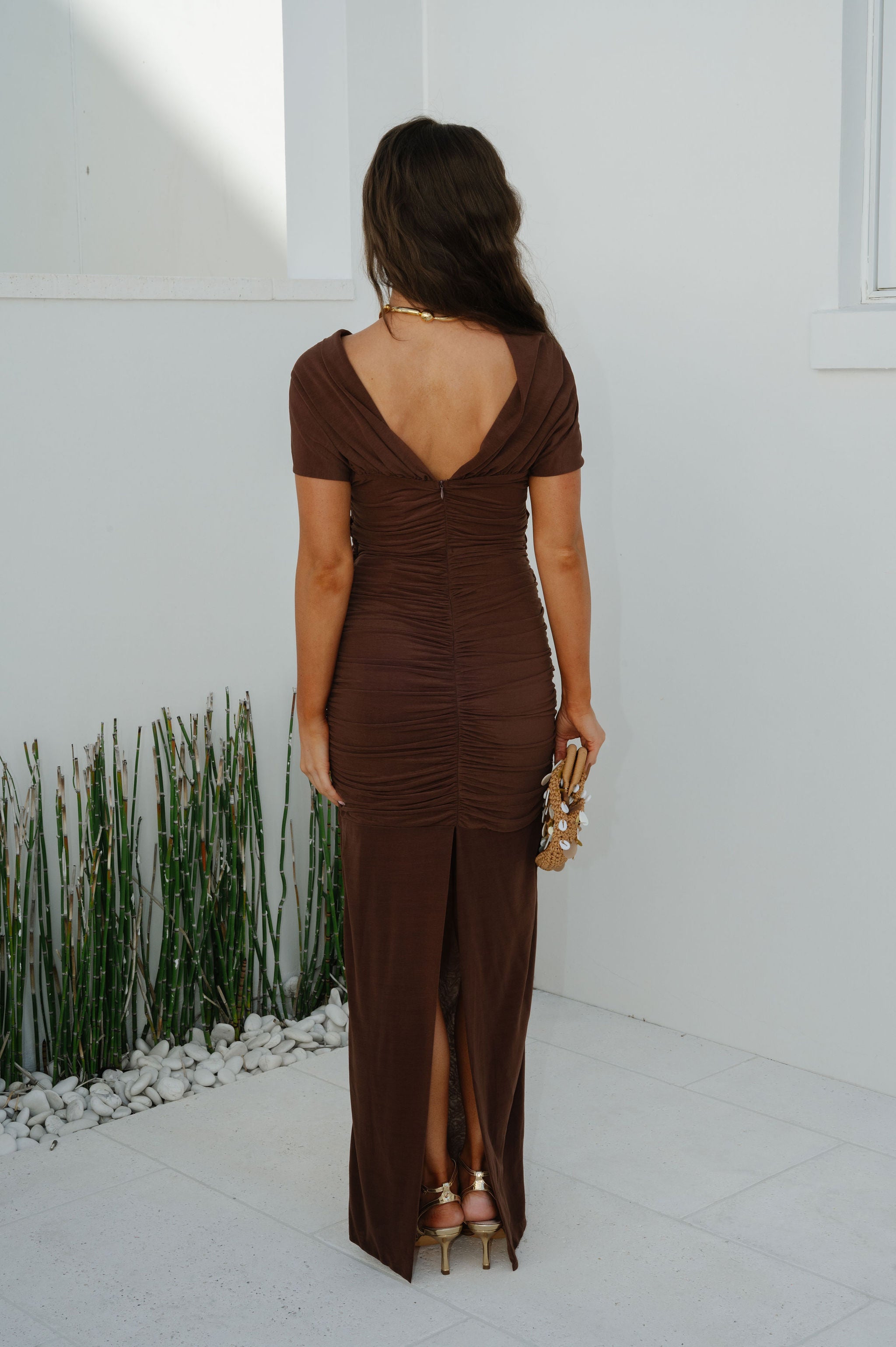 Maya Ruched Maxi Dress-Chocolate