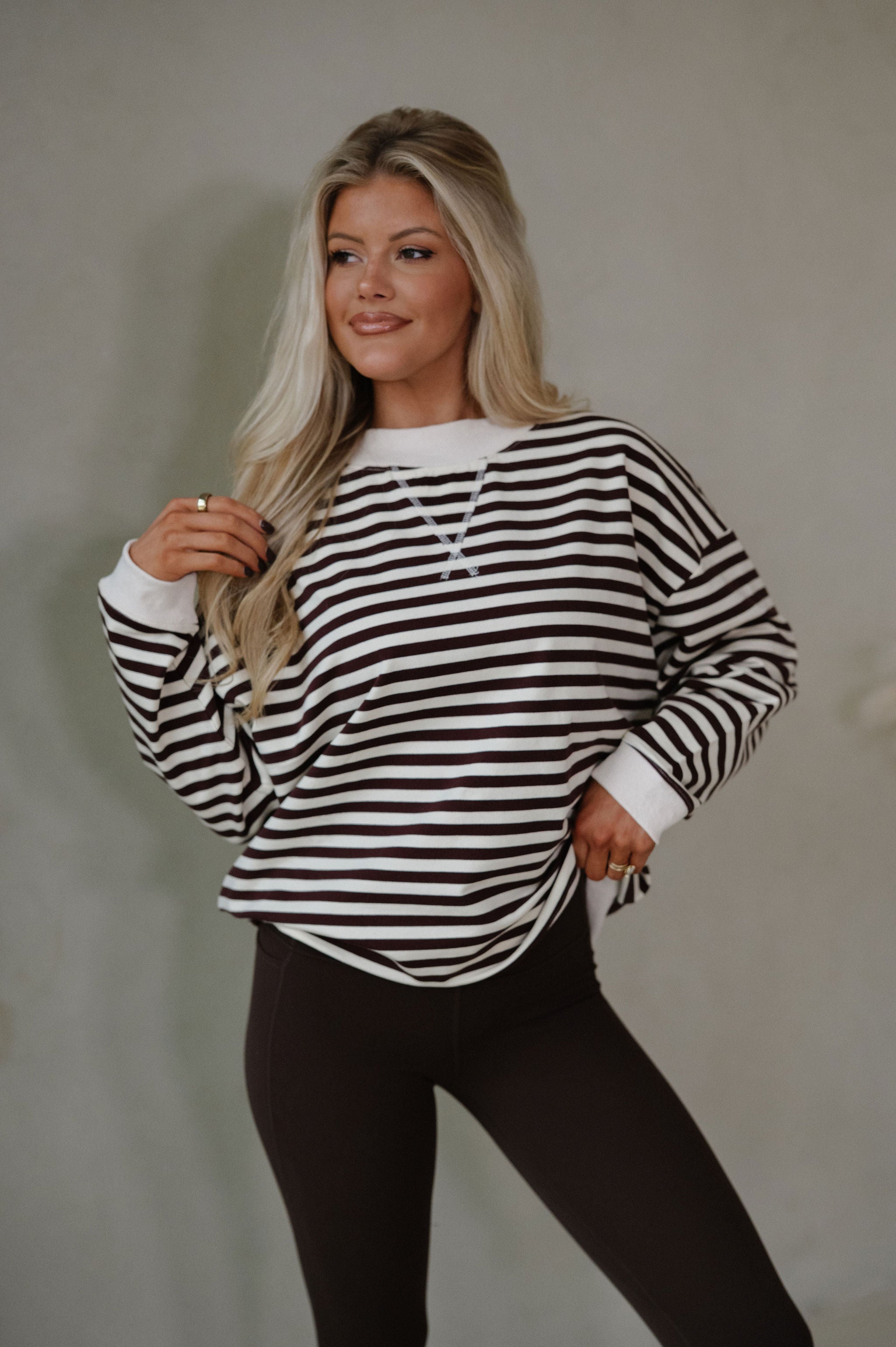 Hadley Striped Terry Sweatshirt-Chocolate/Ivory