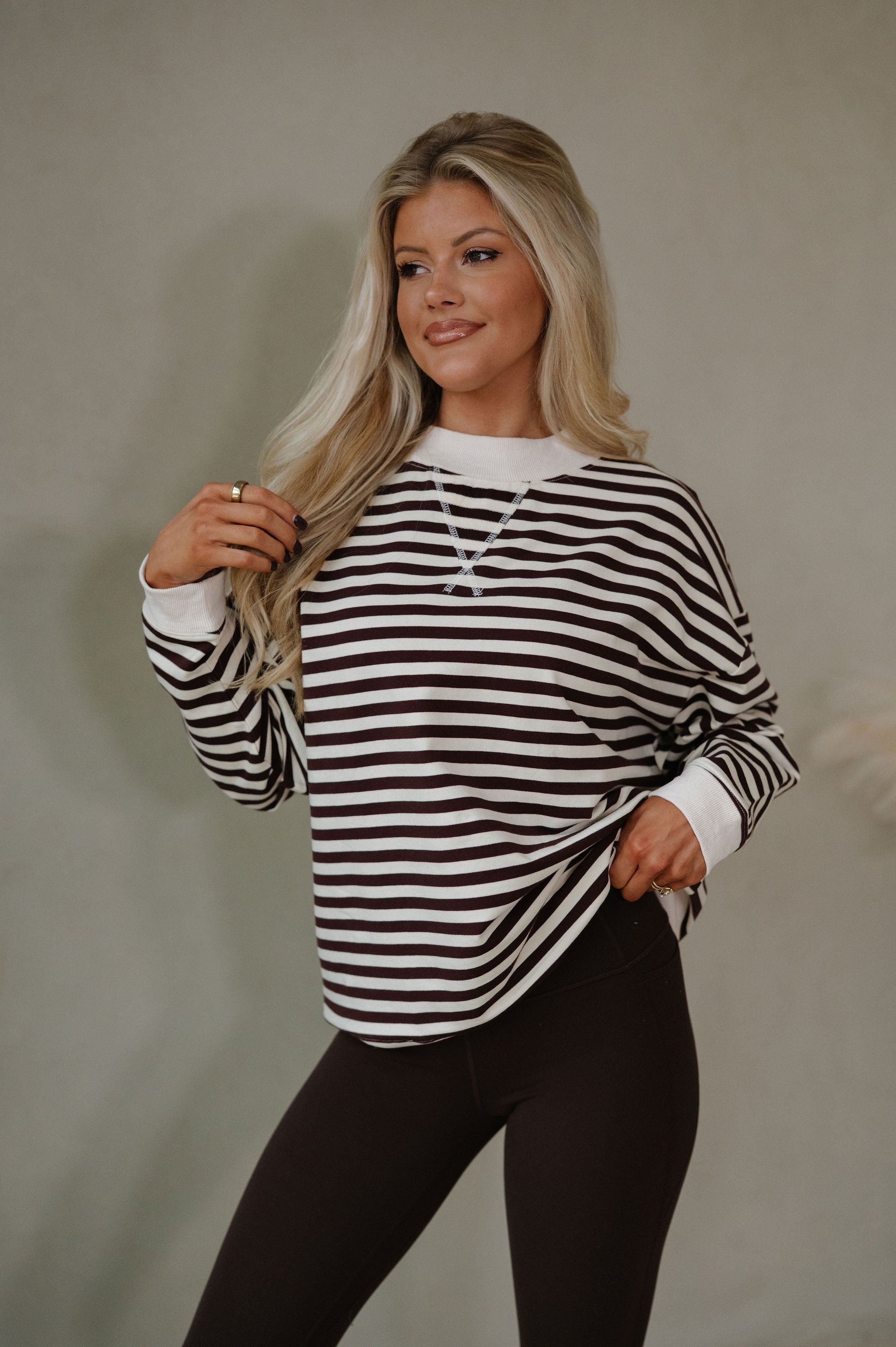Hadley Striped Terry Sweatshirt-Chocolate/Ivory