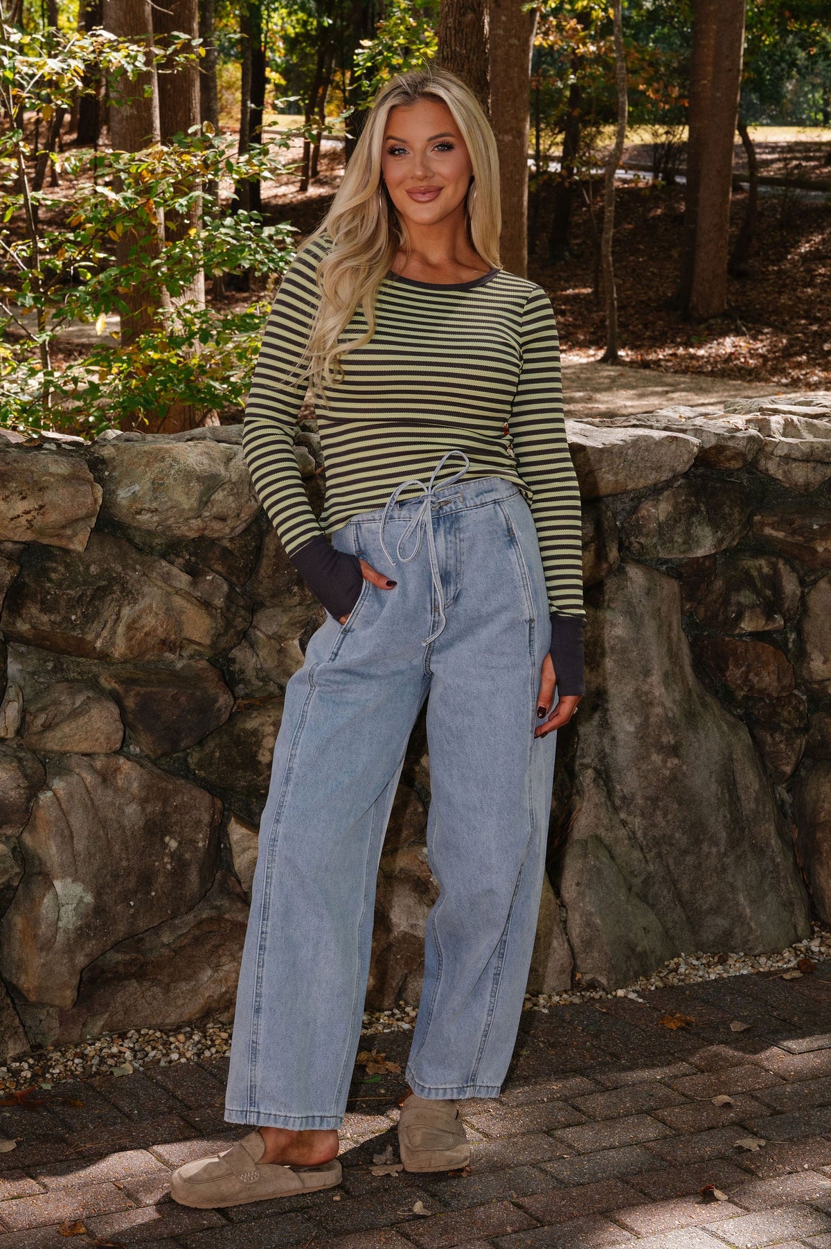 Striped Waffle Fitted Top-Lime/Slate
