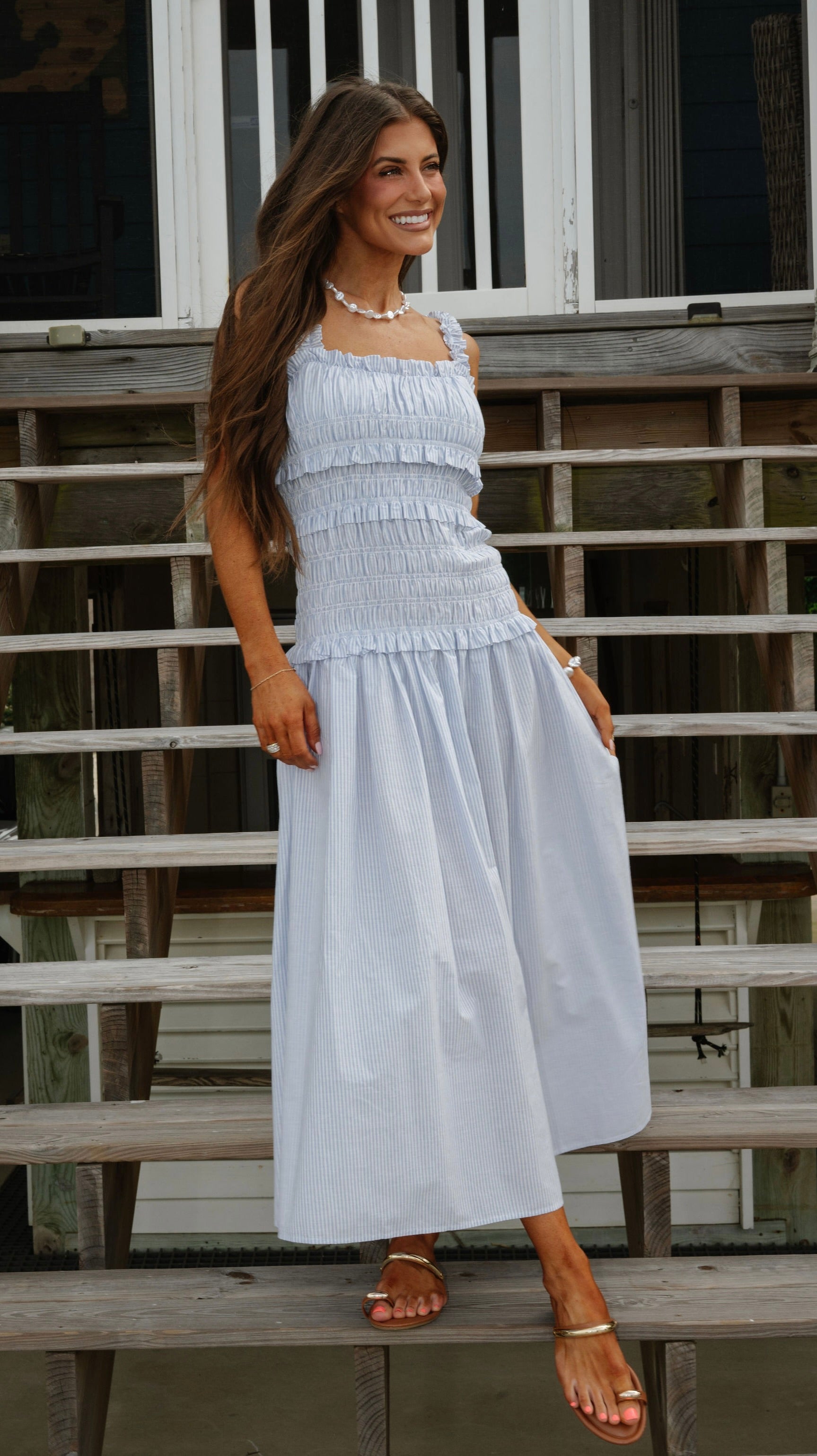 Pin Stripe Midi Dress-Blue