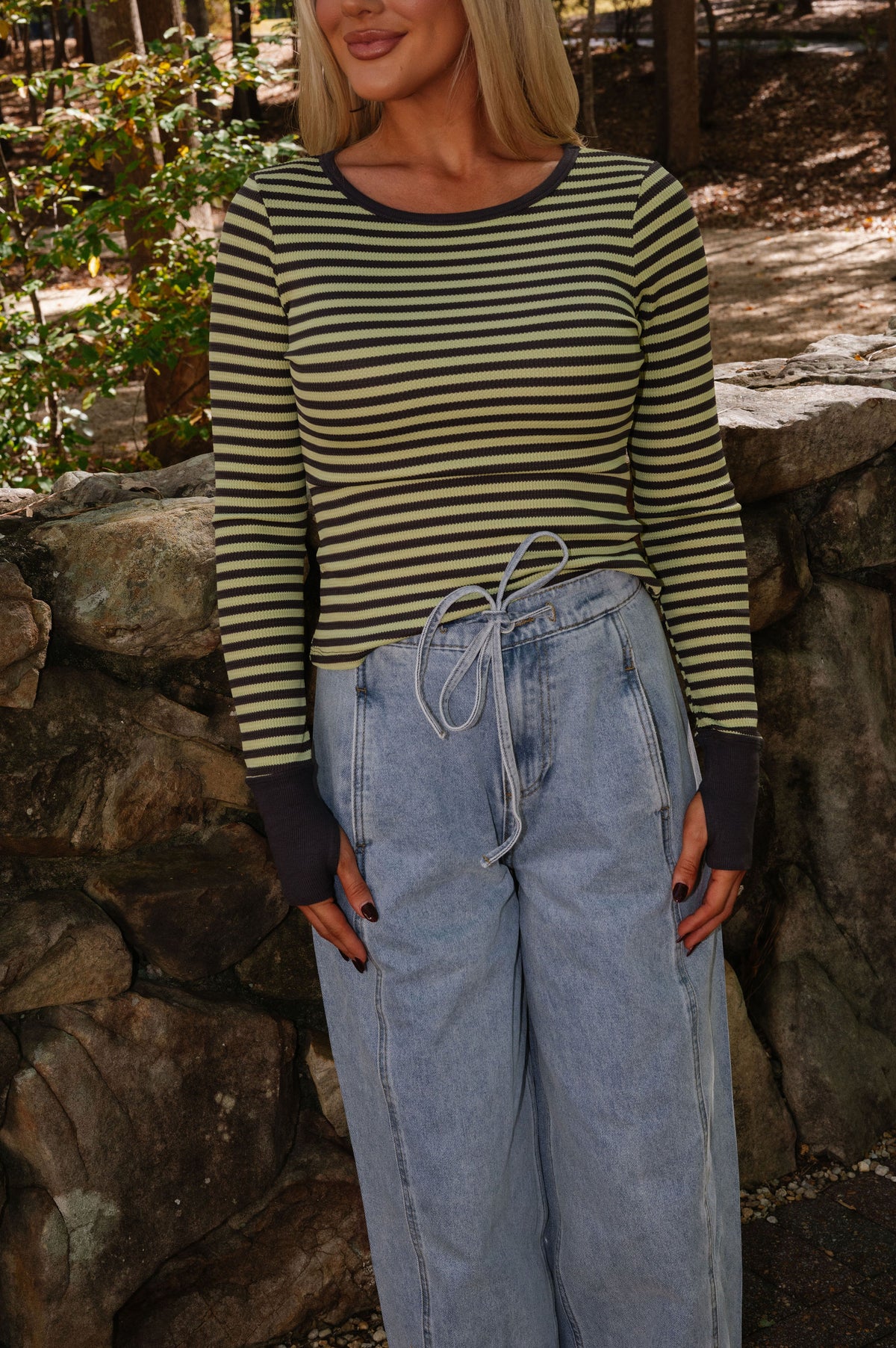 Striped Waffle Fitted Top-Lime/Slate