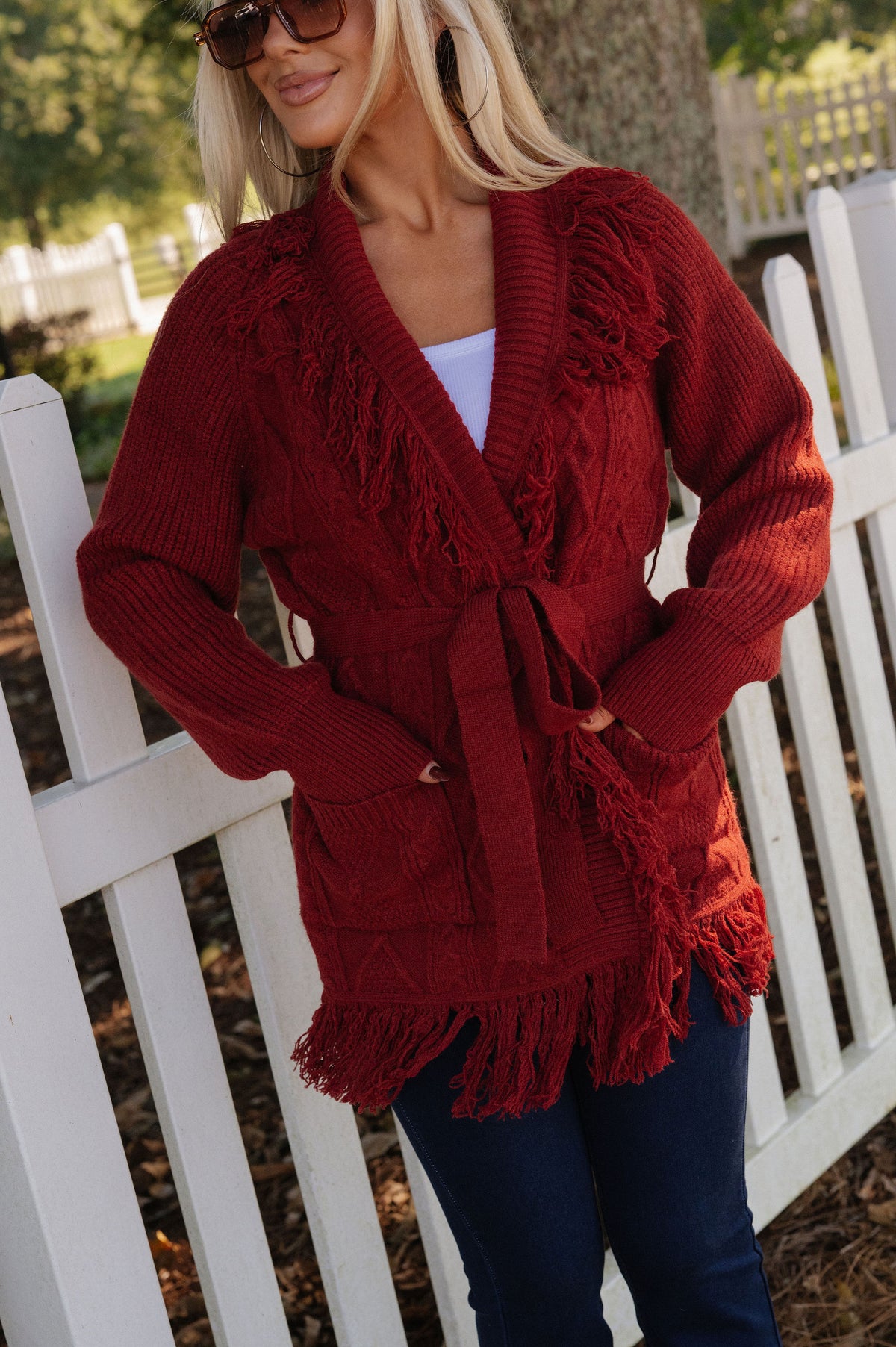 Julia Fringe Detail Cardigan-Crimson