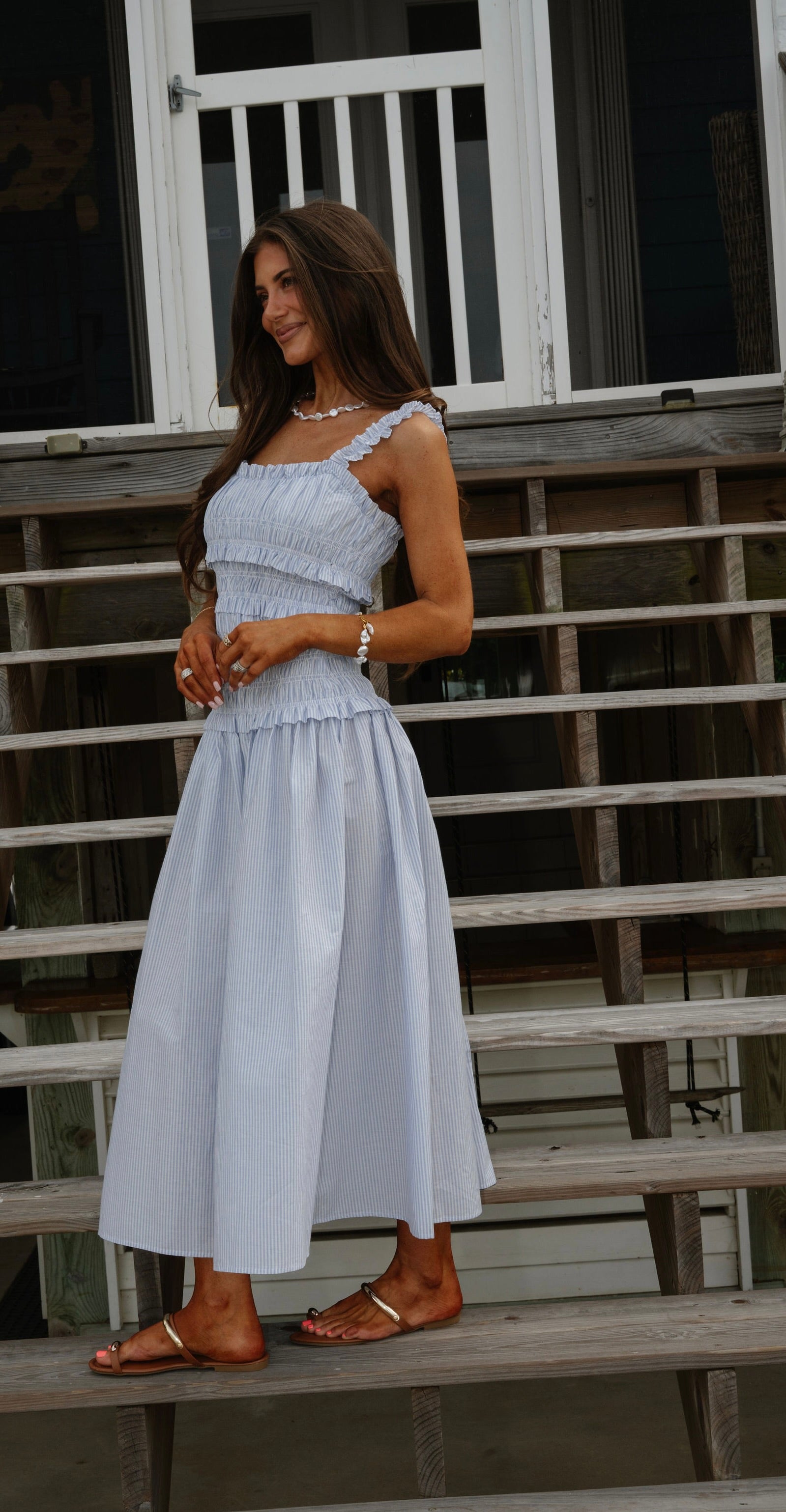 Pin Stripe Midi Dress-Blue