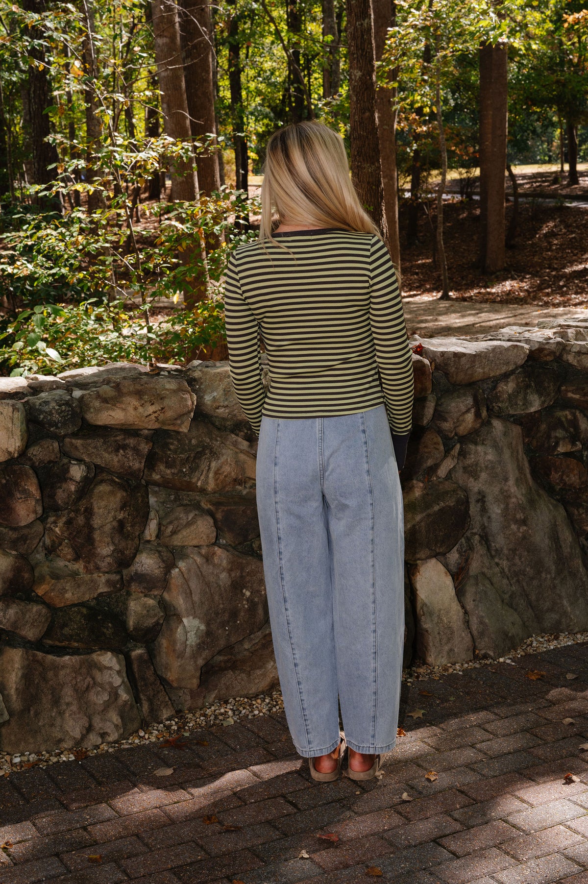 Striped Waffle Fitted Top-Lime/Slate
