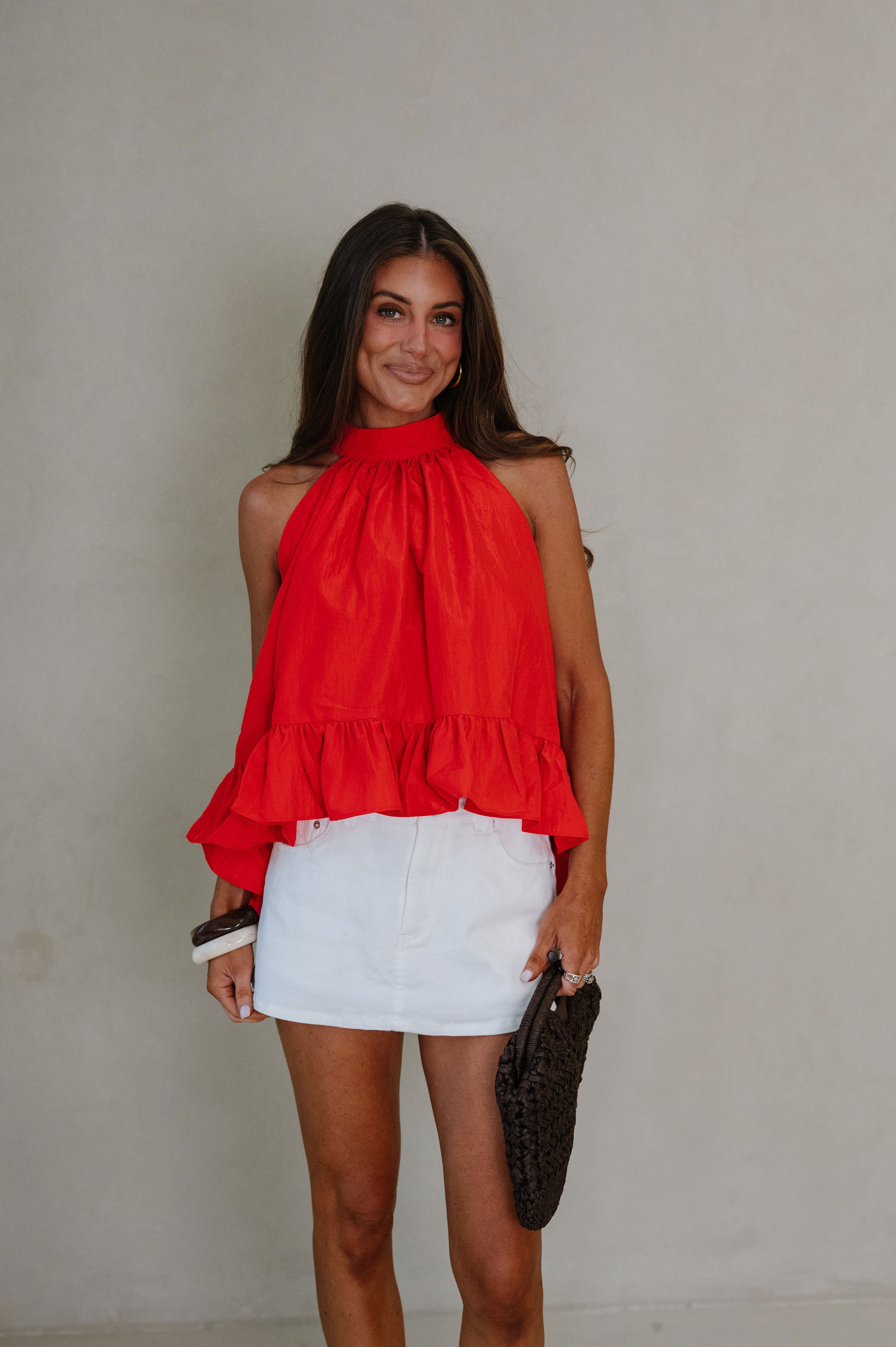 Charlotte Halter Ruffle Top-Red