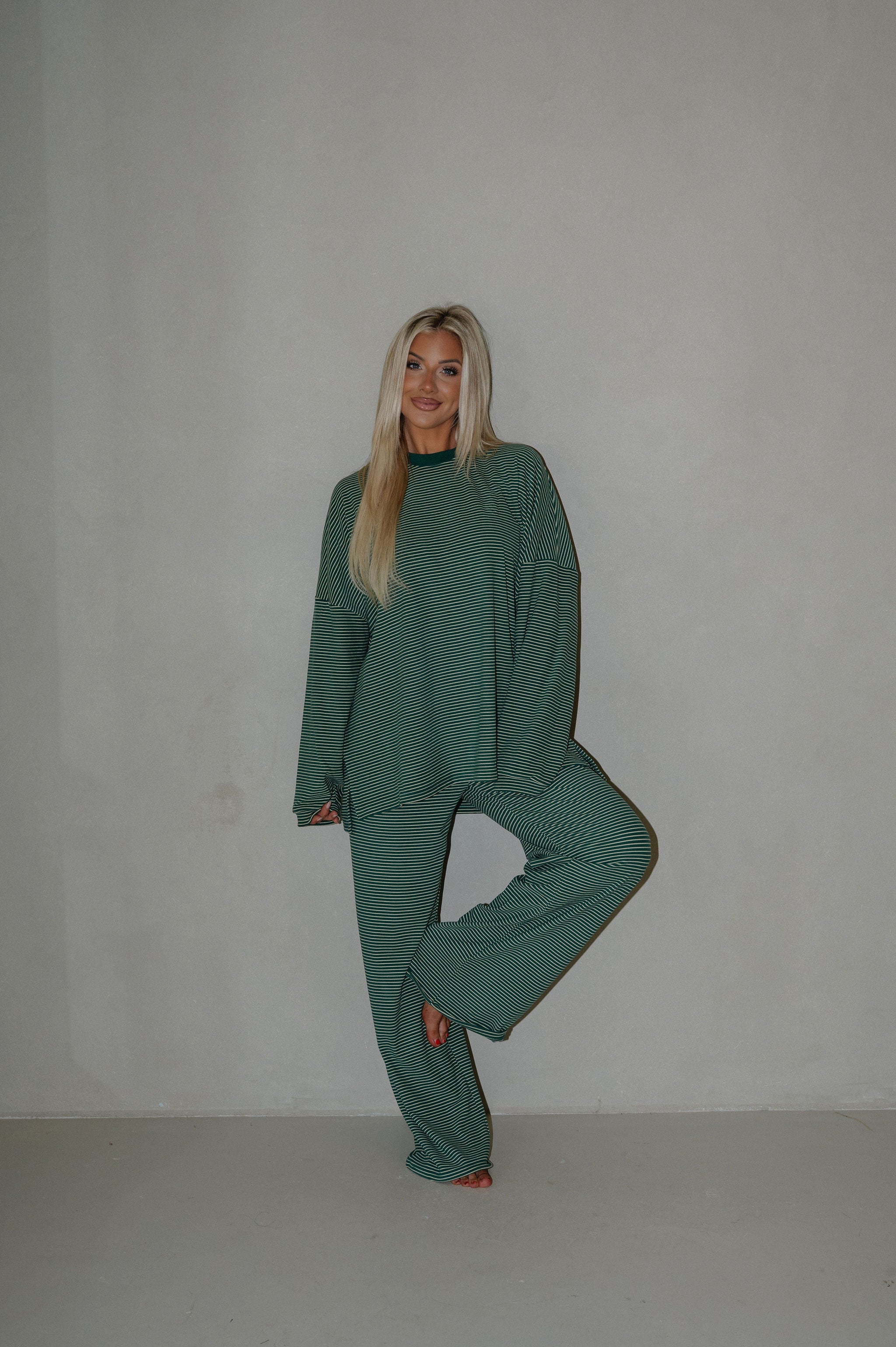 Nora Striped Fleece Oversized Top-Green