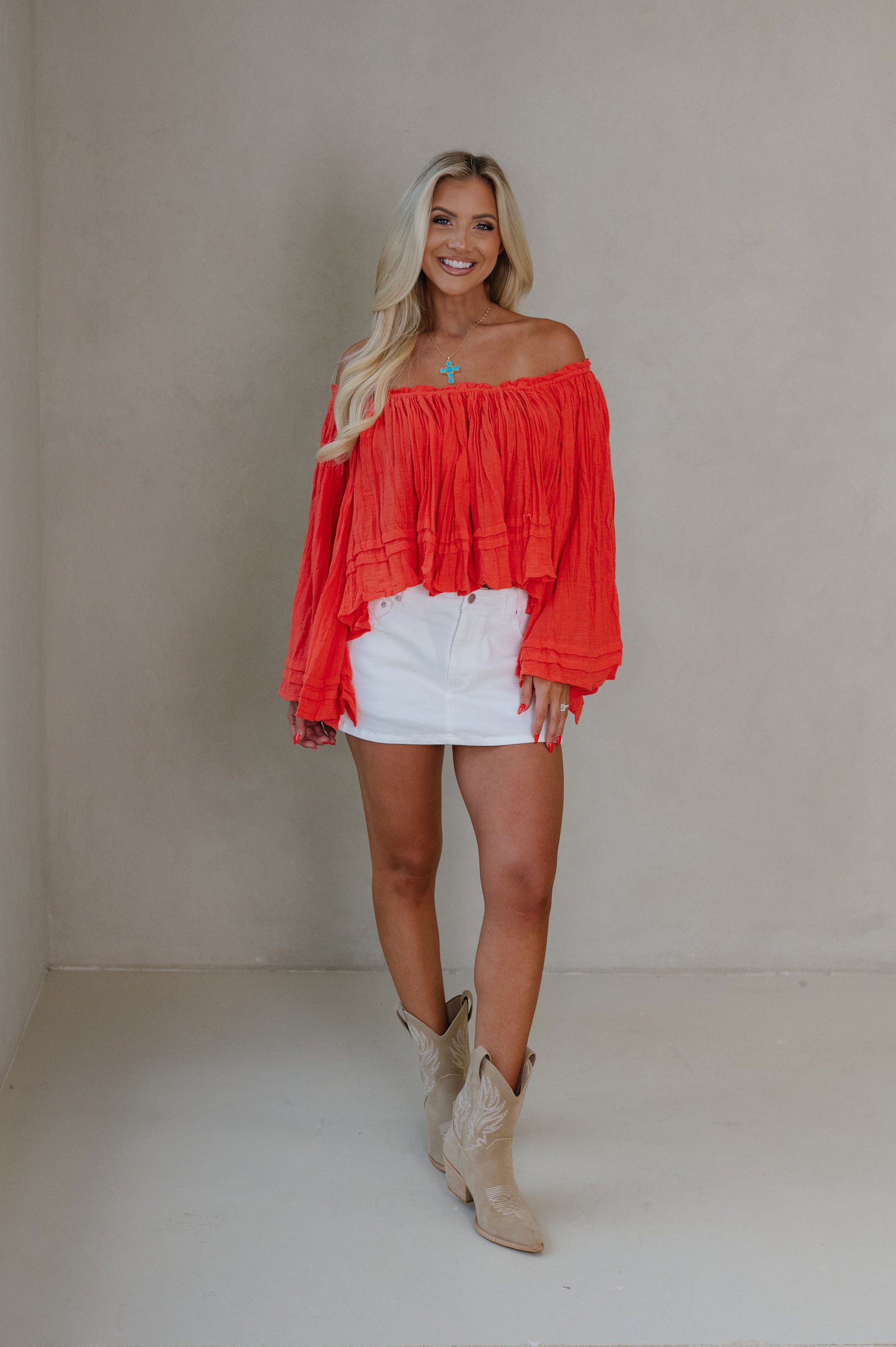 Ruth Woven Off The Shoulder Top-Red/Orange