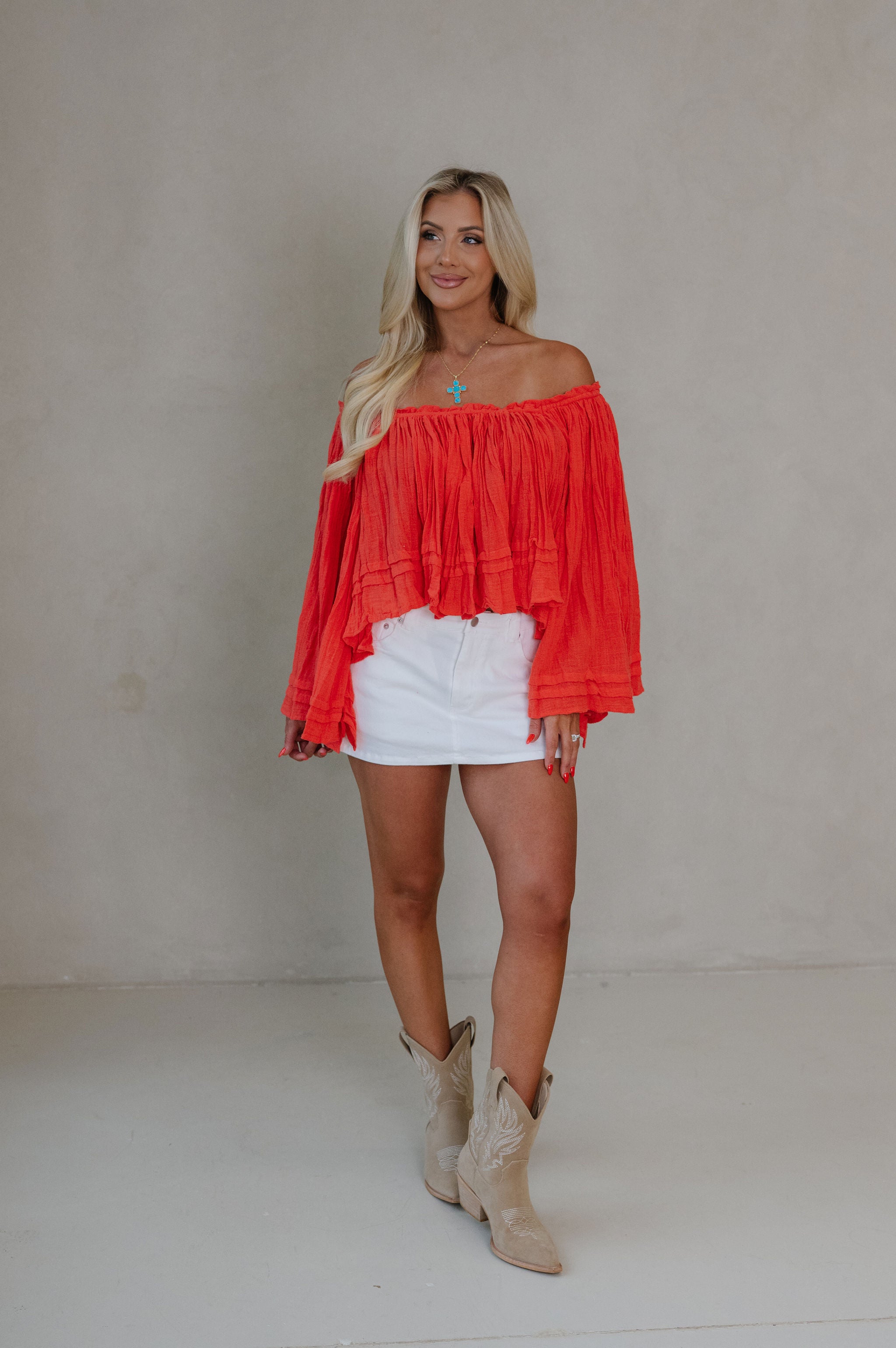 Ruth Woven Off The Shoulder Top-Red/Orange