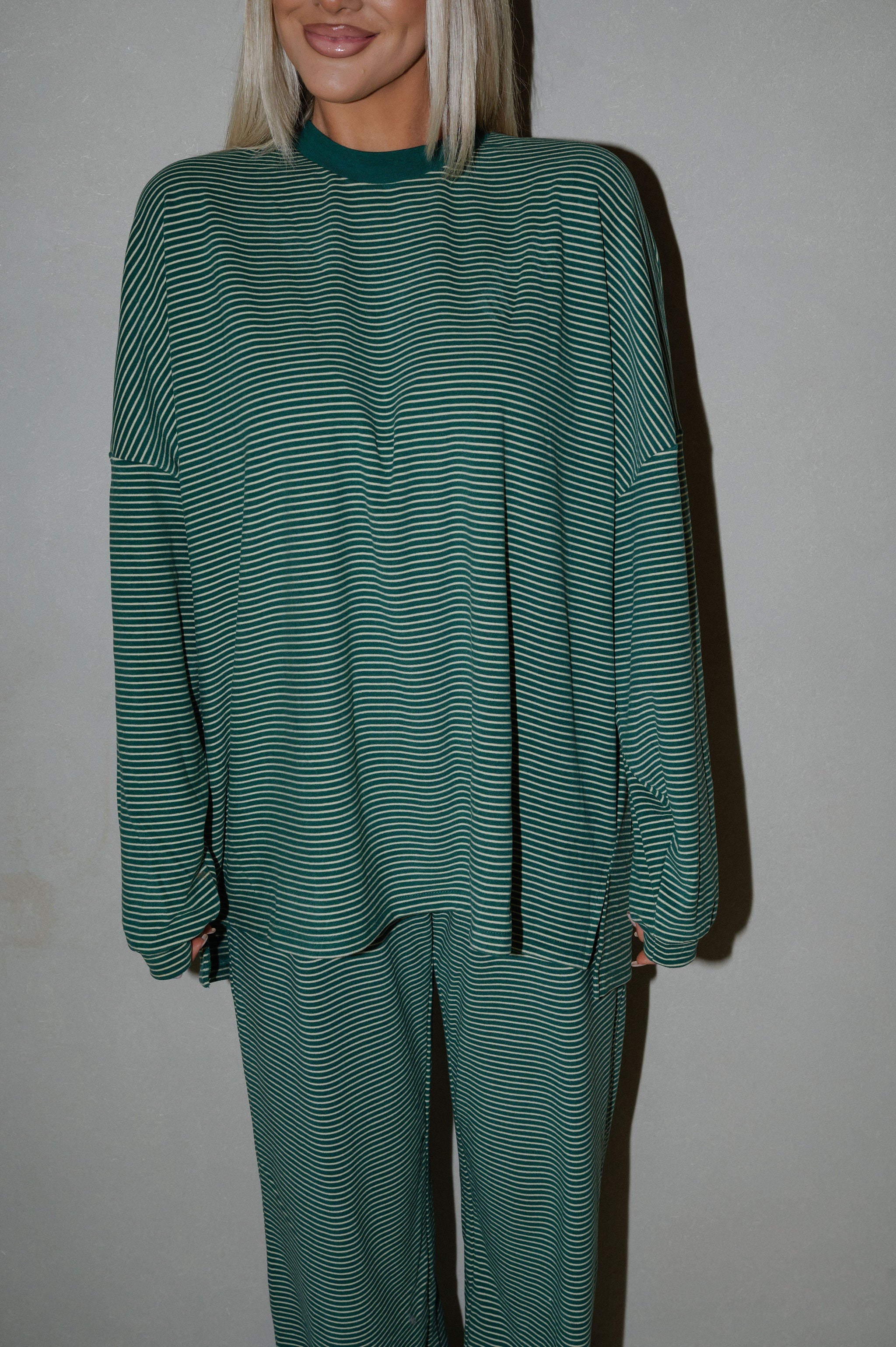 Nora Striped Fleece Oversized Top-Green