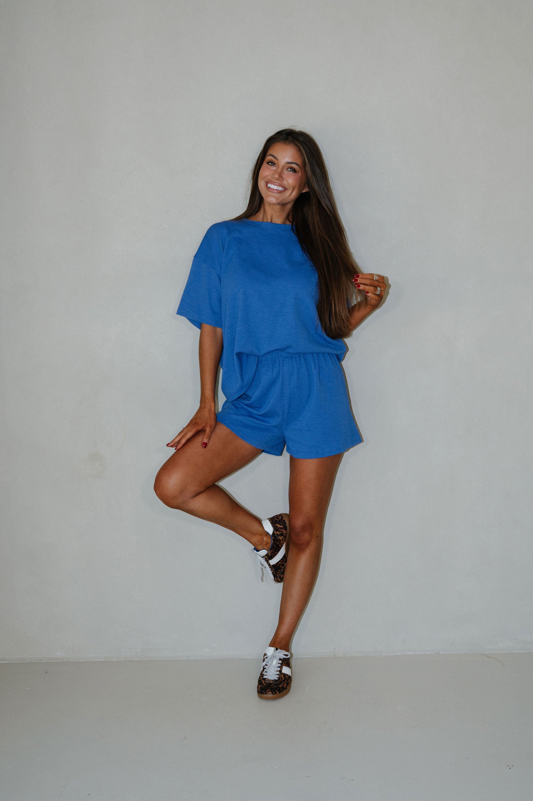 Lennon Textured Shorts Set-Cobalt Blue