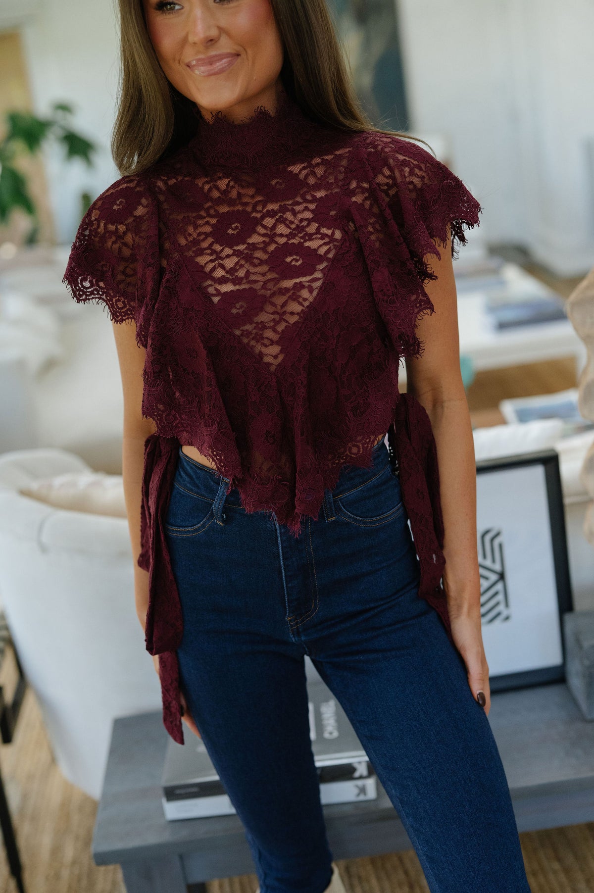 High Neck Ruffle Lace Top-Wine