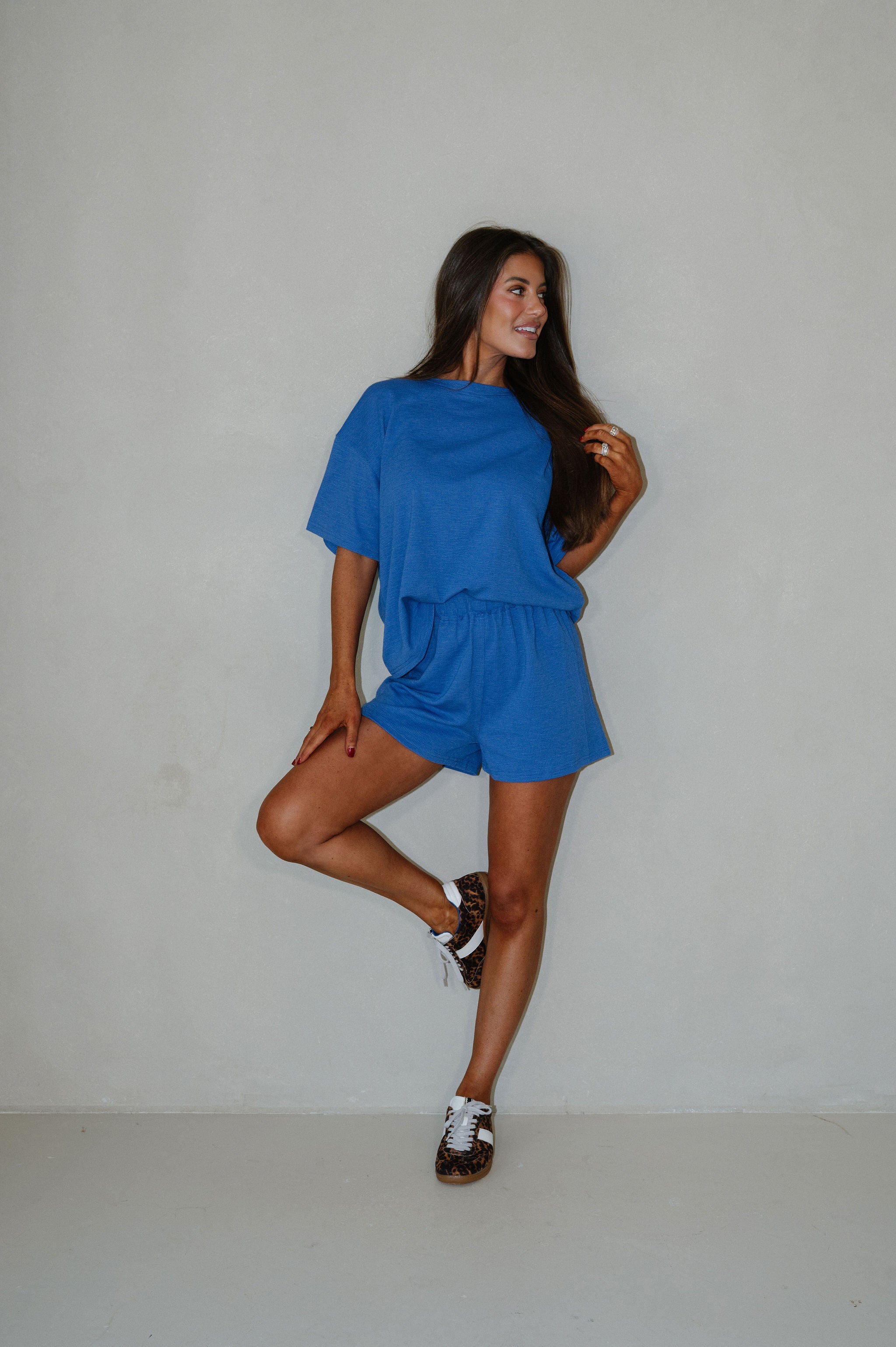 Lennon Textured Shorts Set-Cobalt Blue