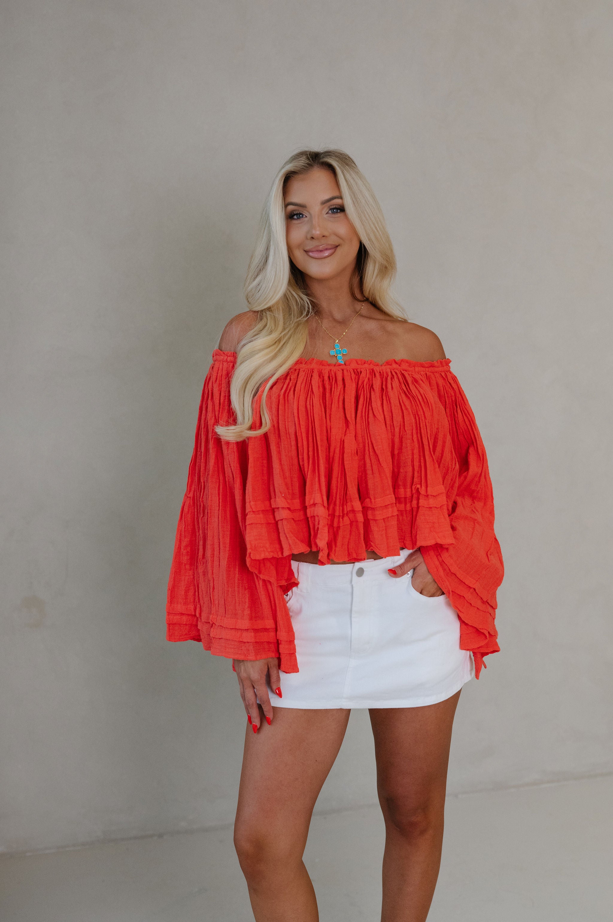 Ruth Woven Off The Shoulder Top-Red/Orange