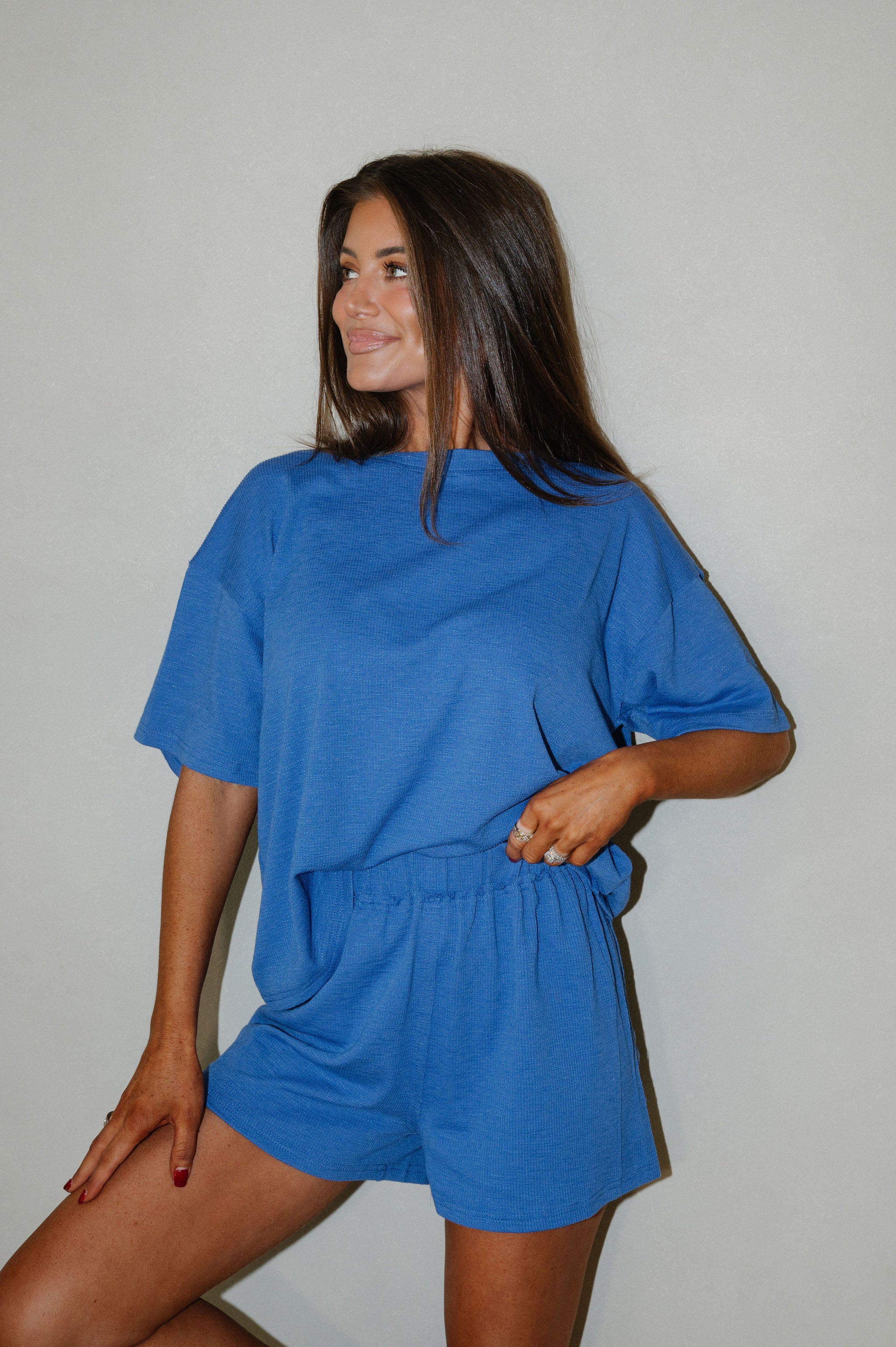 Lennon Textured Shorts Set-Cobalt Blue