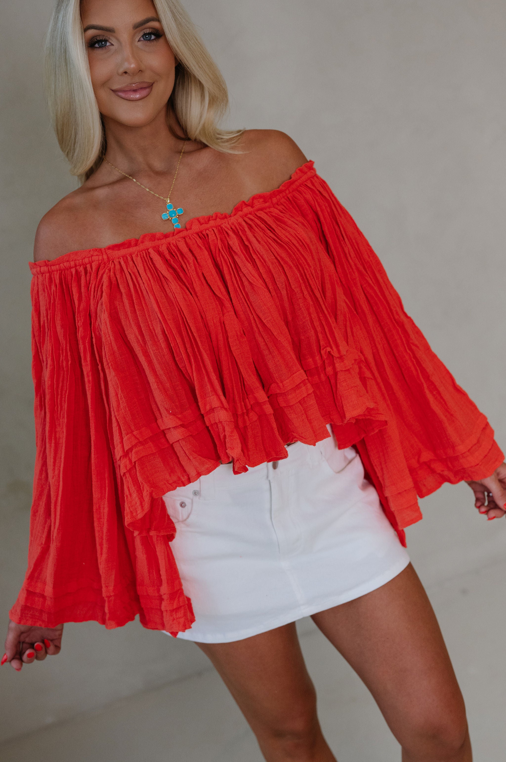 Ruth Woven Off The Shoulder Top-Red/Orange