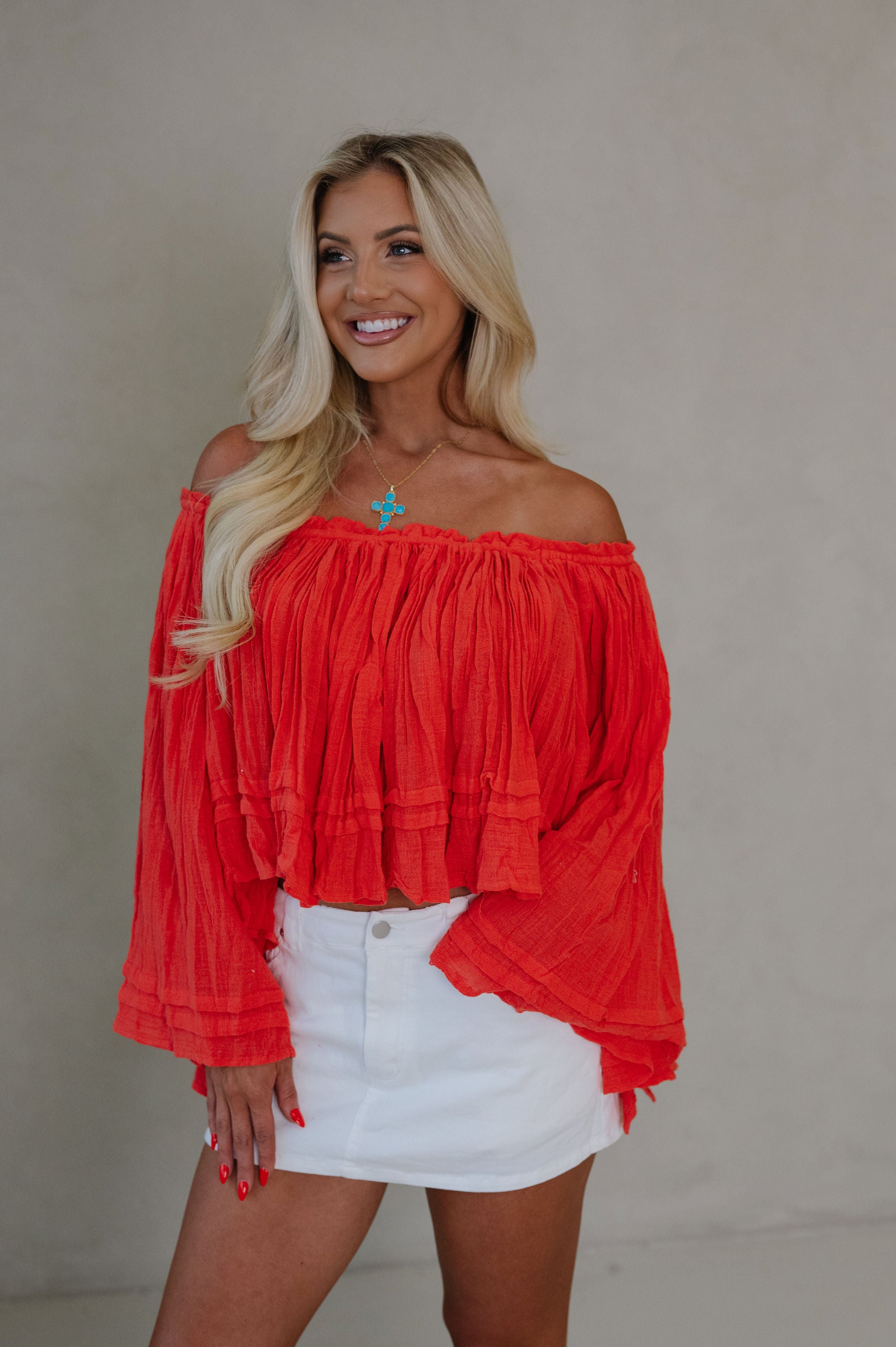 Ruth Woven Off The Shoulder Top-Red/Orange